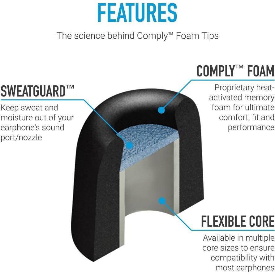 Comply Sport Pro Sx-500 Memory Foam Earphone Tips with SweatGuard, Secure Fit Replacement Earbud Tips for Active Lifestyle (Large, 3 Pairs), Black (19-50221-11)