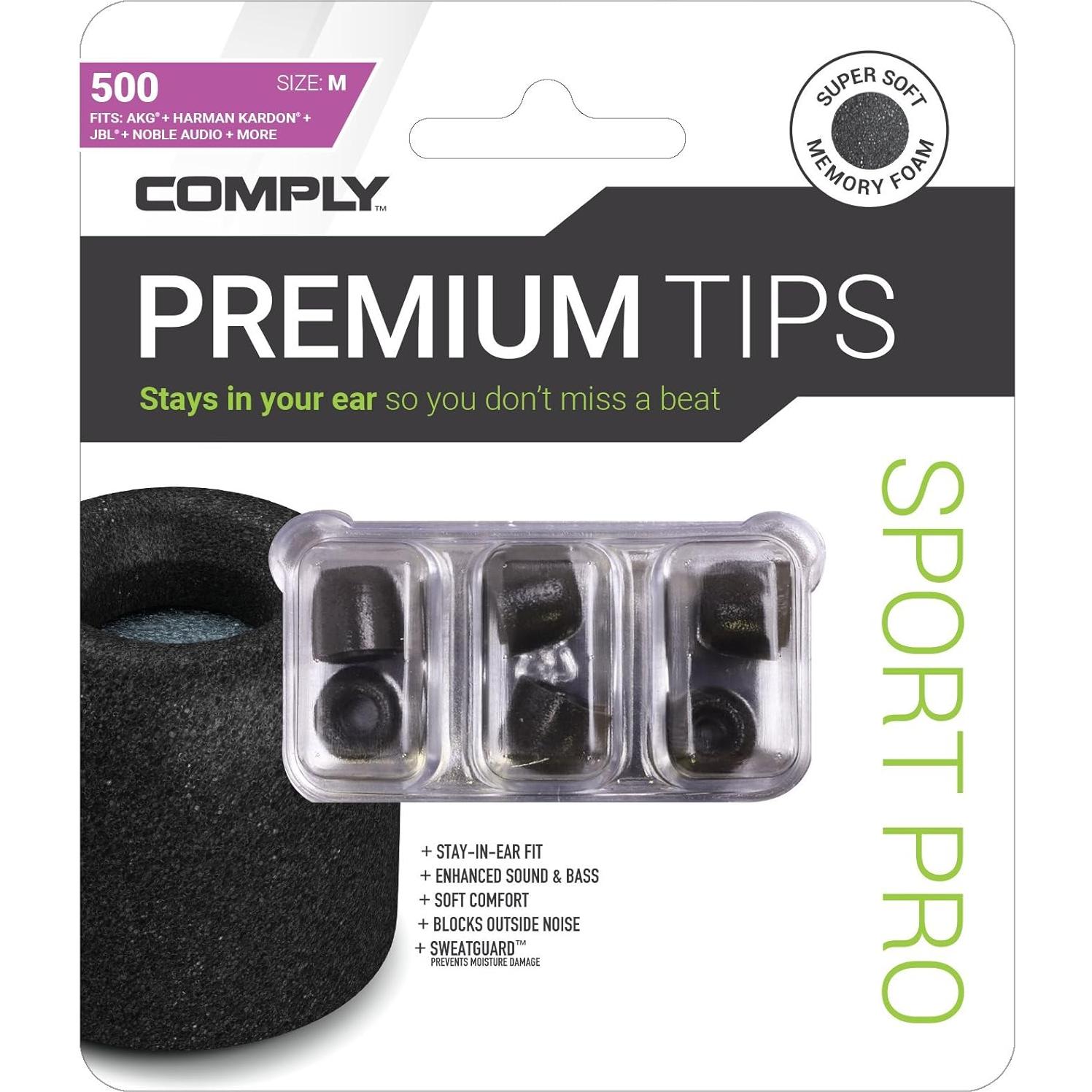 Comply Sport Pro Sx-500 Memory Foam Earphone Tips with SweatGuard, Secure Fit Replacement Earbud Tips for Active Lifestyle (Large, 3 Pairs), Black (19-50221-11)