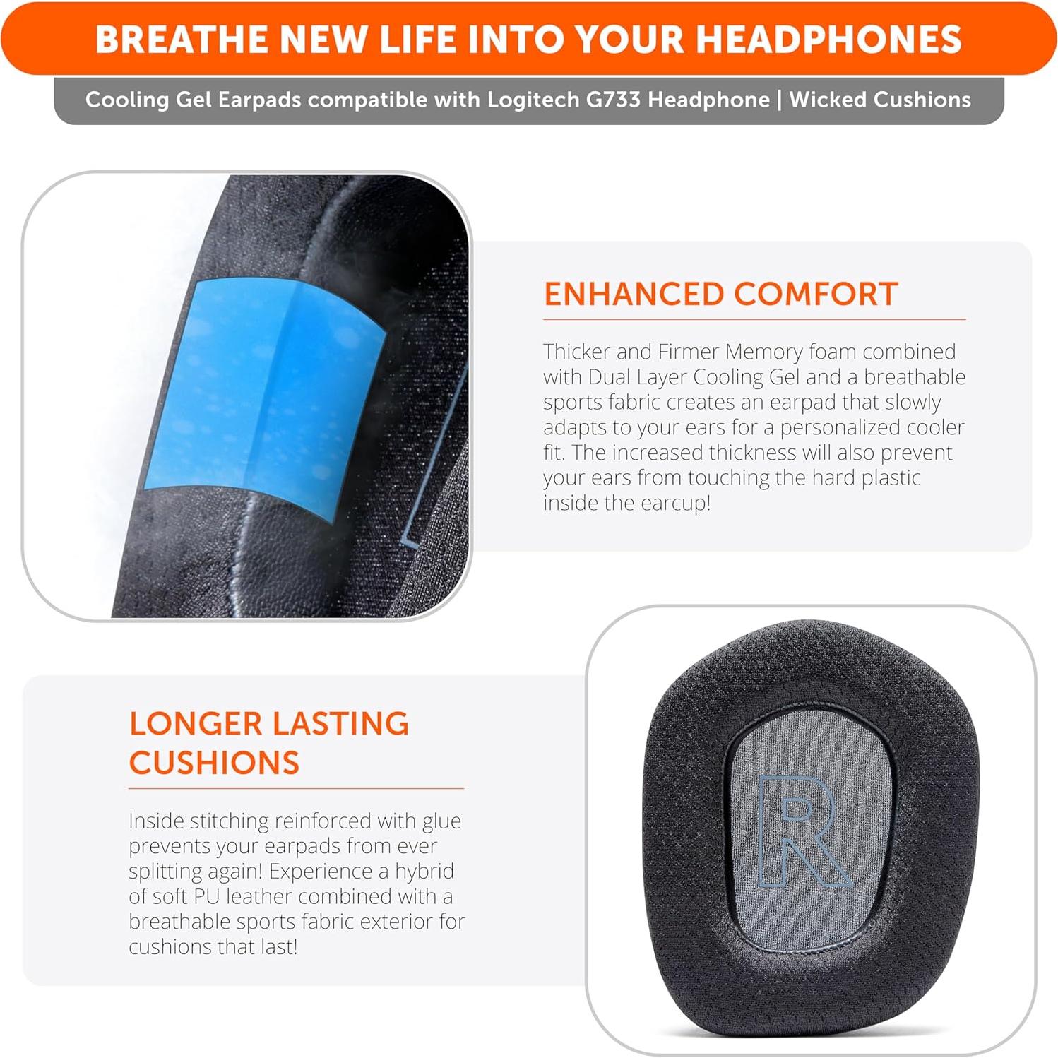 Almohadillas de Gel Refrigerante Wicked Cushions para Logitech G733 - Negro