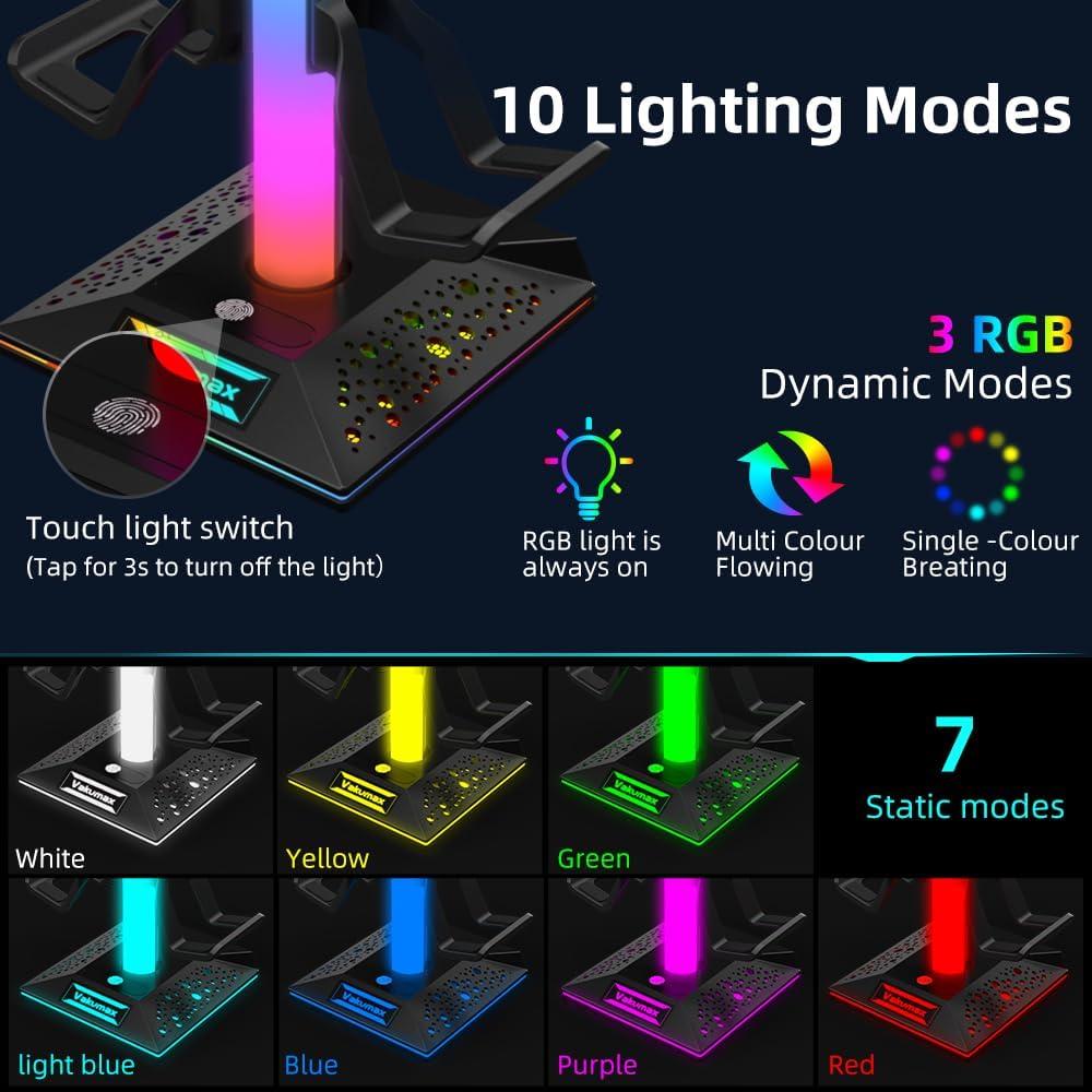 Soporte para Auriculares RGB VAKUMAX con Hub de Carga USB-C