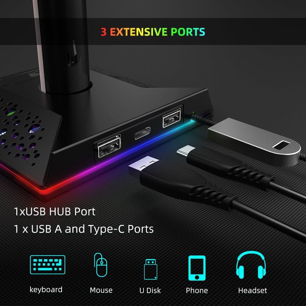 Soporte para Auriculares RGB VAKUMAX con Hub de Carga USB-C