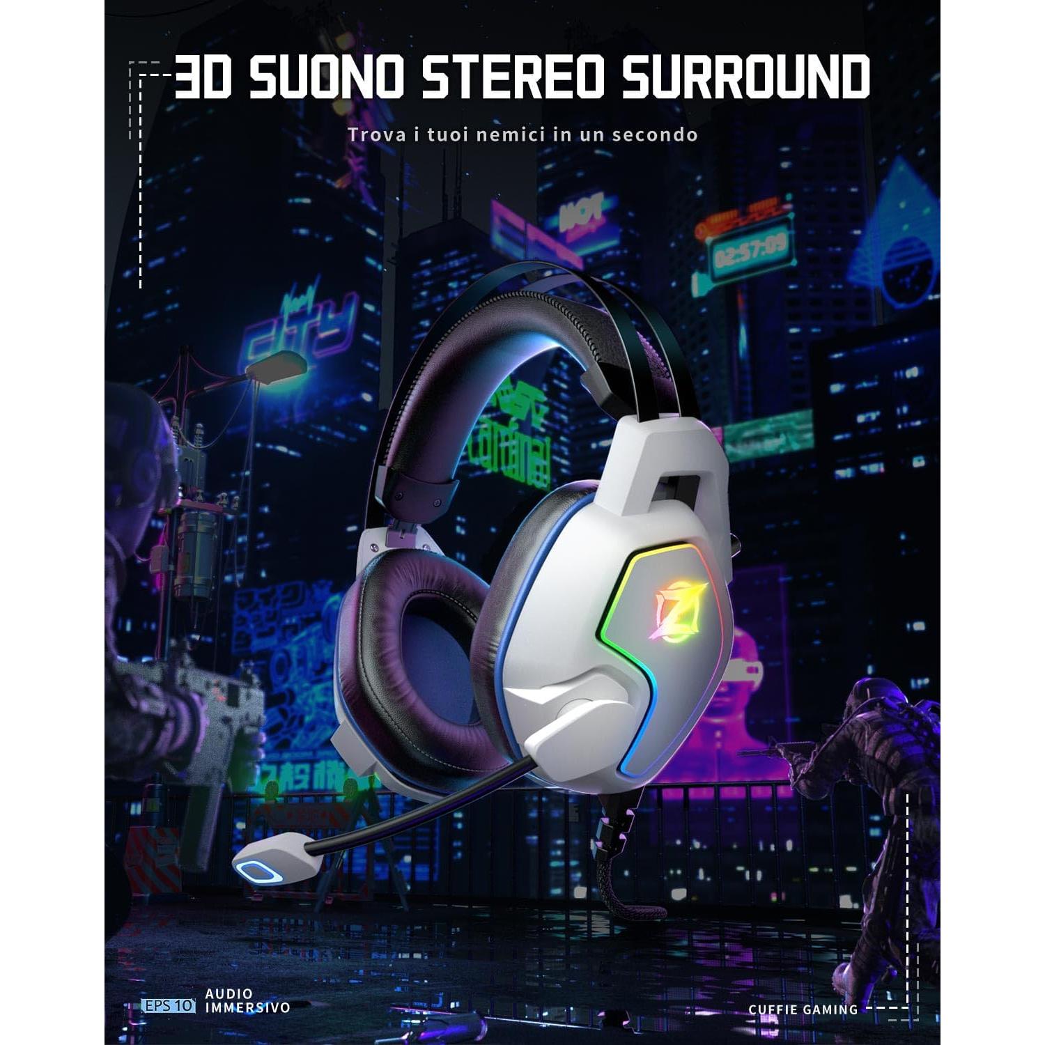Auriculares Gaming Ozeino ZW2 Blanco con Micrófono y Luz RGB