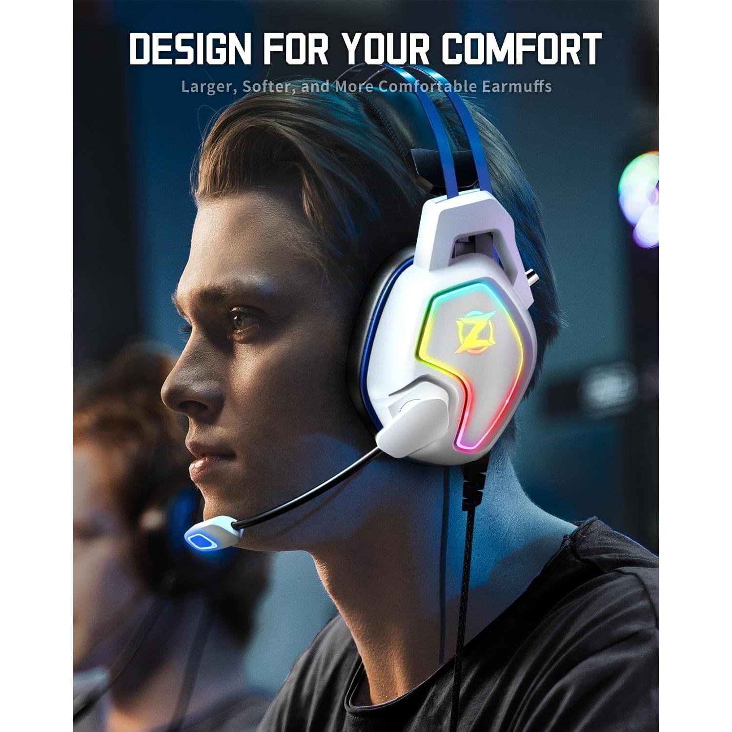 Auriculares Gaming Ozeino ZW2 Blanco con Micrófono y Luz RGB