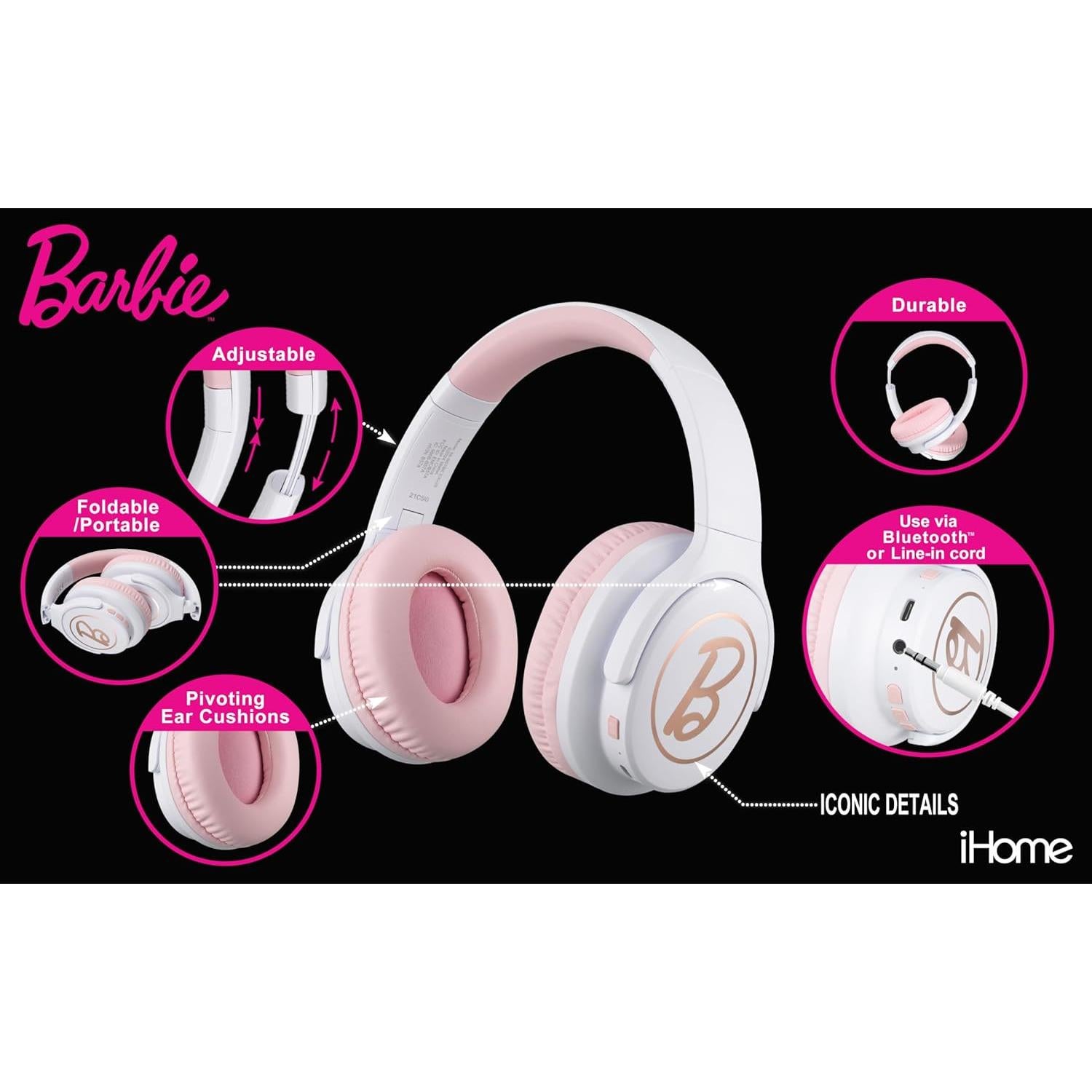 Auriculares Inalámbricos eKids Barbie con Micrófono - Bluetooth y Cable Aux
