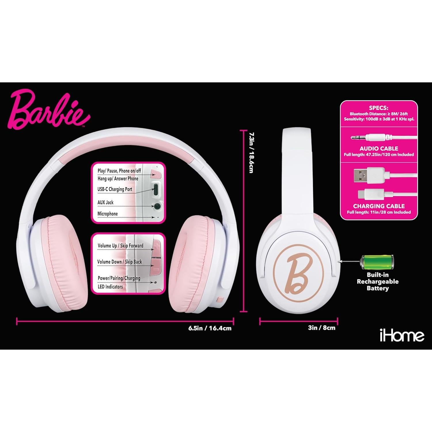 Auriculares Inalámbricos eKids Barbie con Micrófono - Bluetooth y Cable Aux