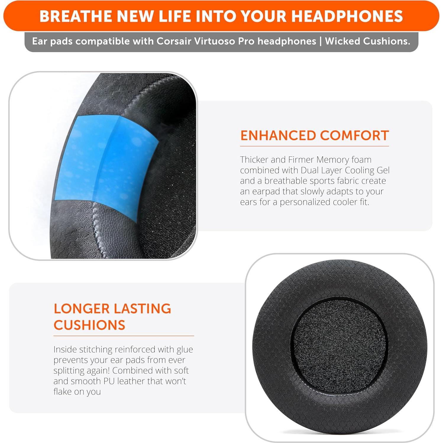 Almohadillas de Gel Refrigerante Wicked Cushions para Corsair Virtuoso Pro - Negro