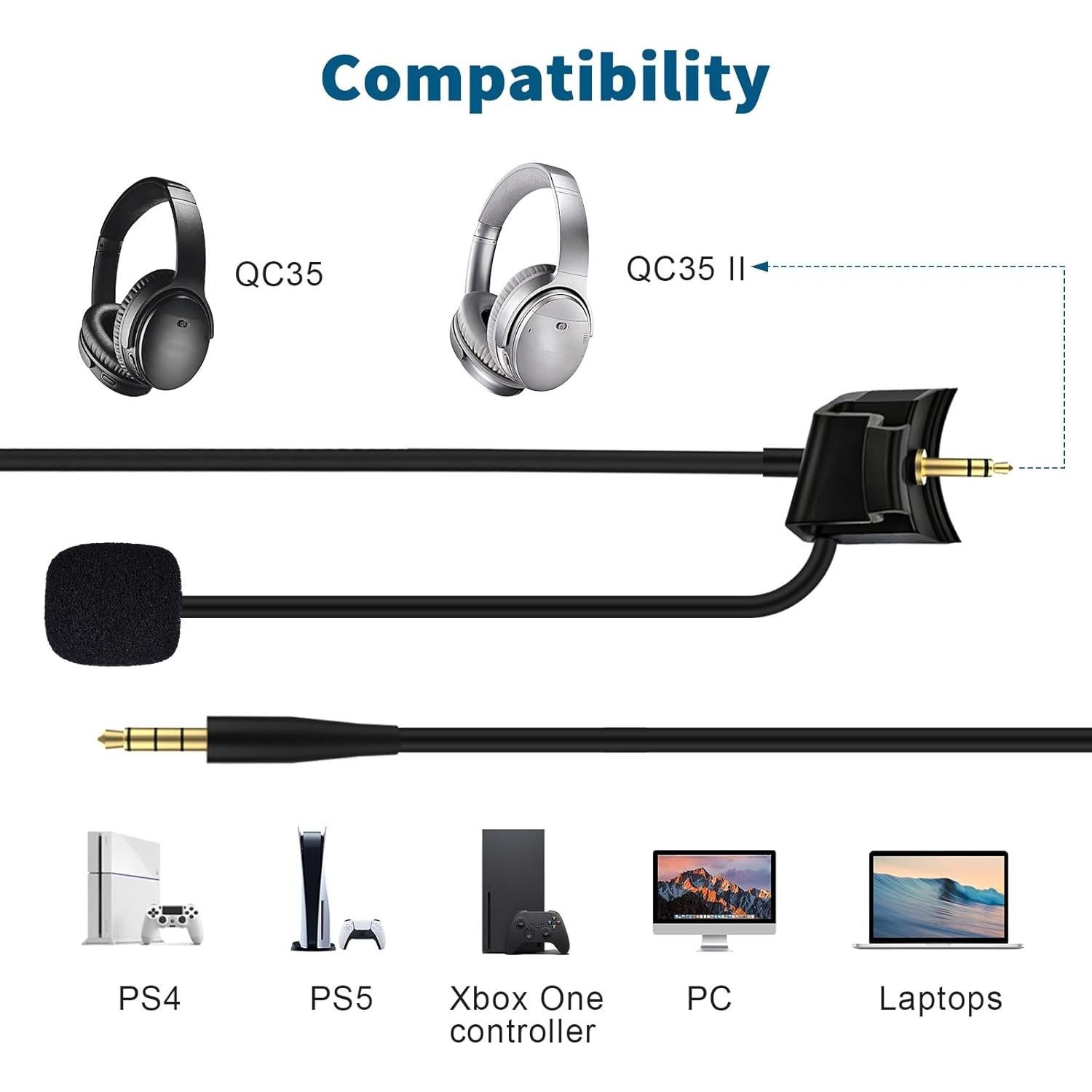 Cable de Micrófono Compatible con Bose QC35 II - 1.2m