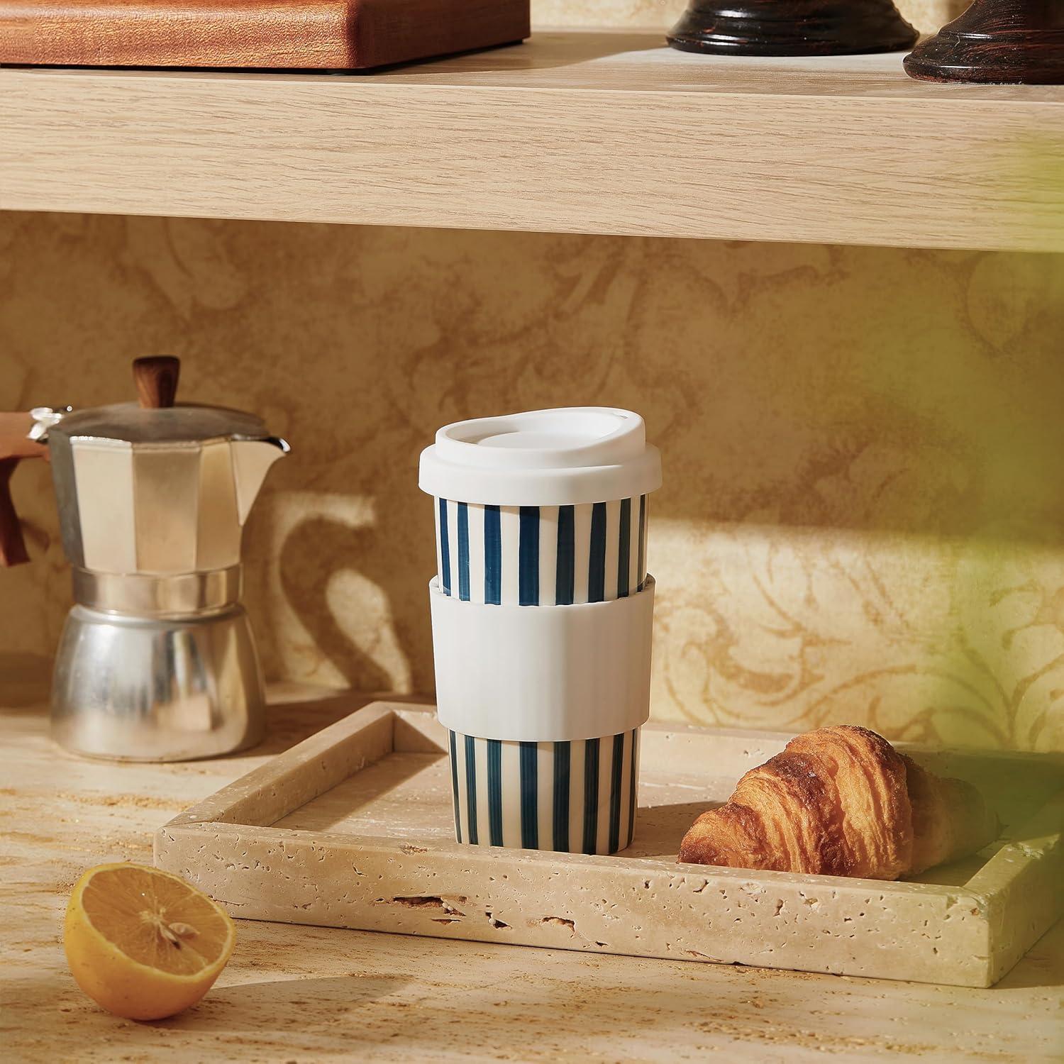 Taza de Cerámica de Viaje GIROFLIER 12oz Azul Apta Microondas