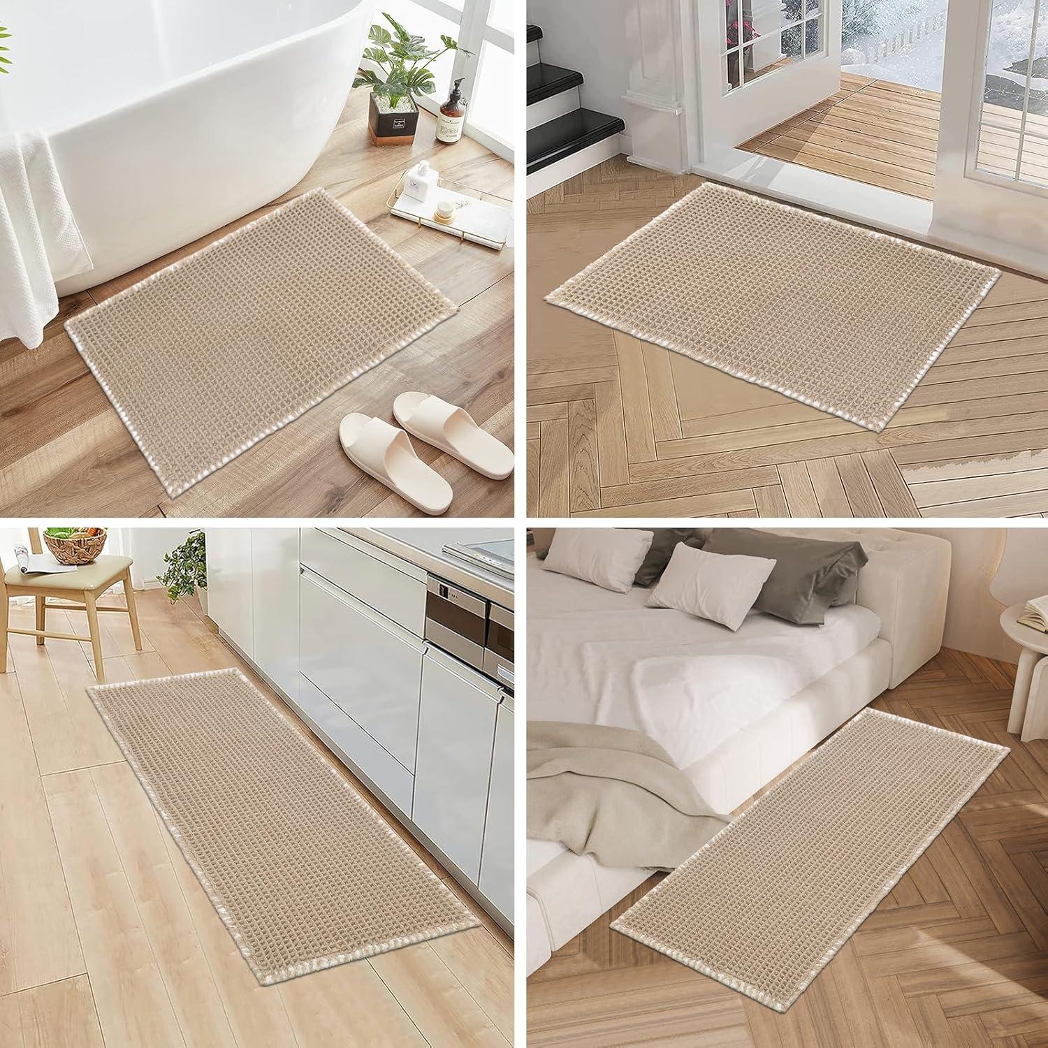 Pauwer 3 Piece Waffle Bath Mat Set - Non Slip, Soft Absorbent Bathroom Rugs for Floor, Tub, Shower - Machine Washable, Khaki