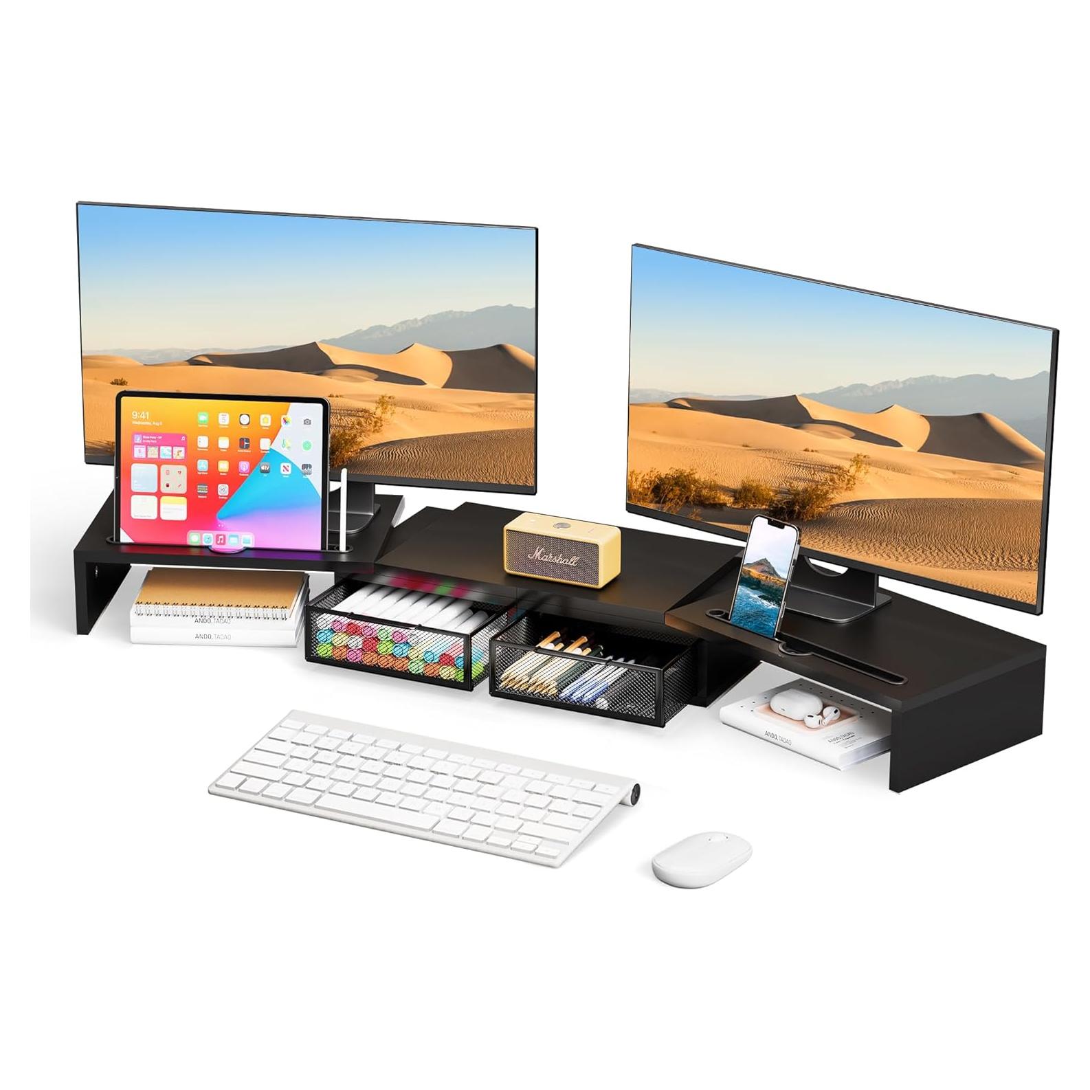 Soporte Elevador para Doble Monitor ZIFTY con Cajones Negro