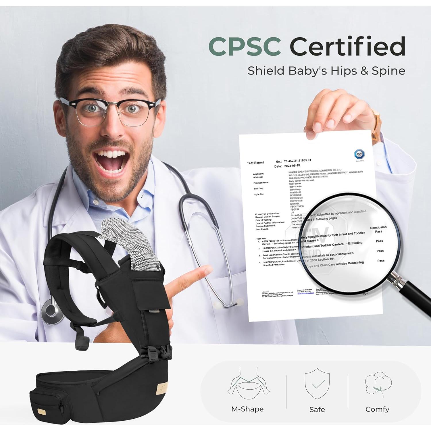 Portabebés 6-en-1 FRUITEAM con Taburete - Negro