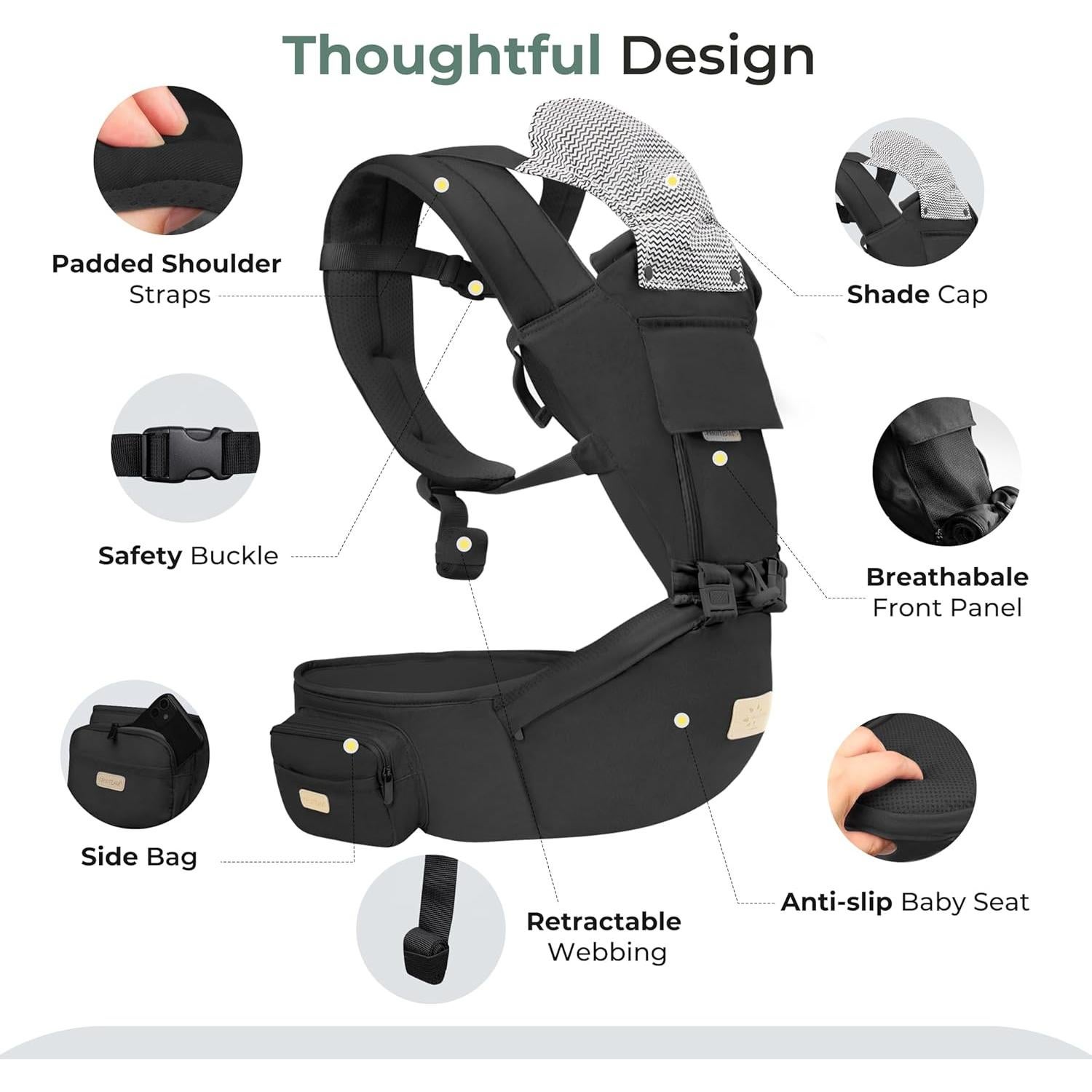 Portabebés 6-en-1 FRUITEAM con Taburete - Negro