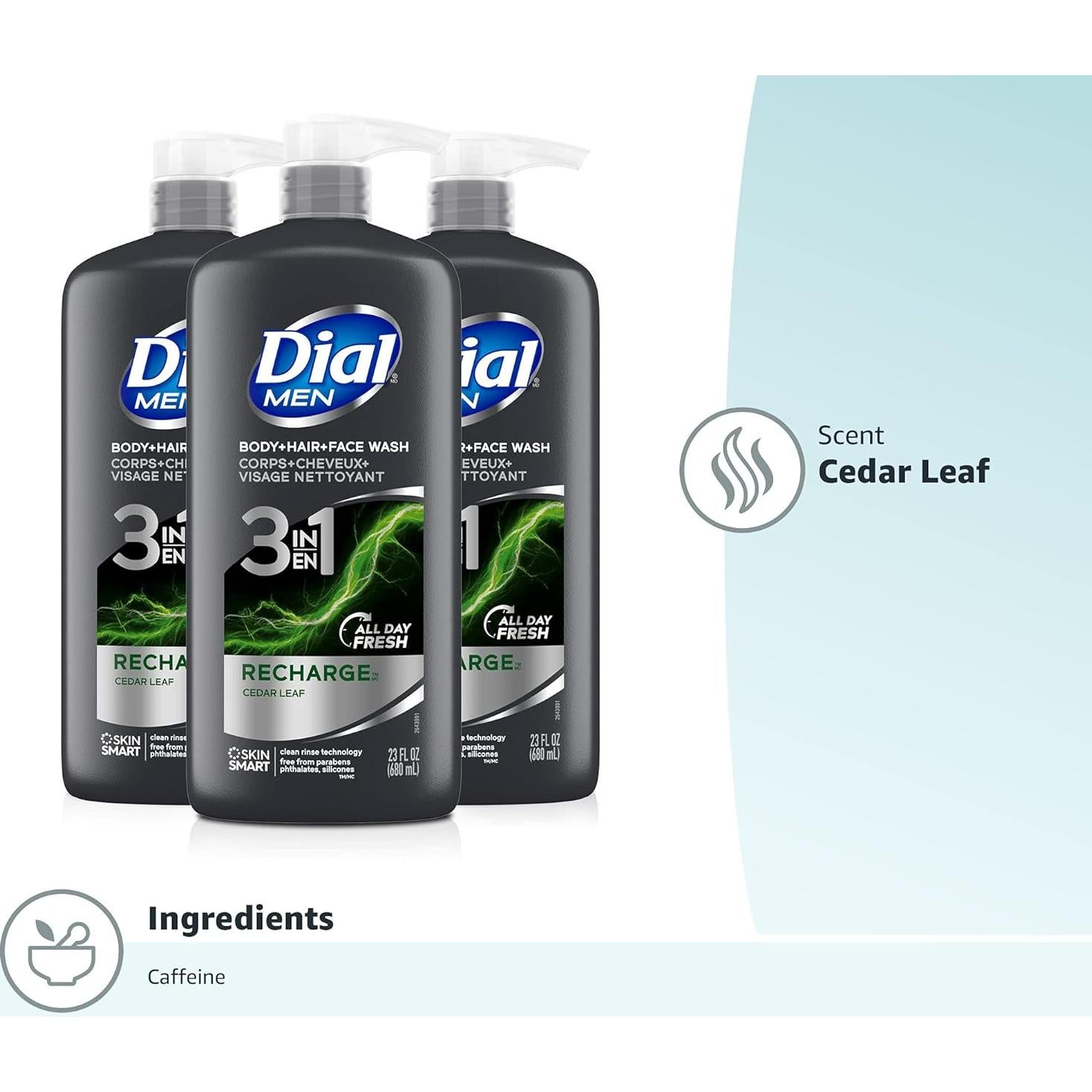 Gel 3 en 1 Dial Hombres 3 Botellas de 680 ml Cuerpo, Cabello y Cara