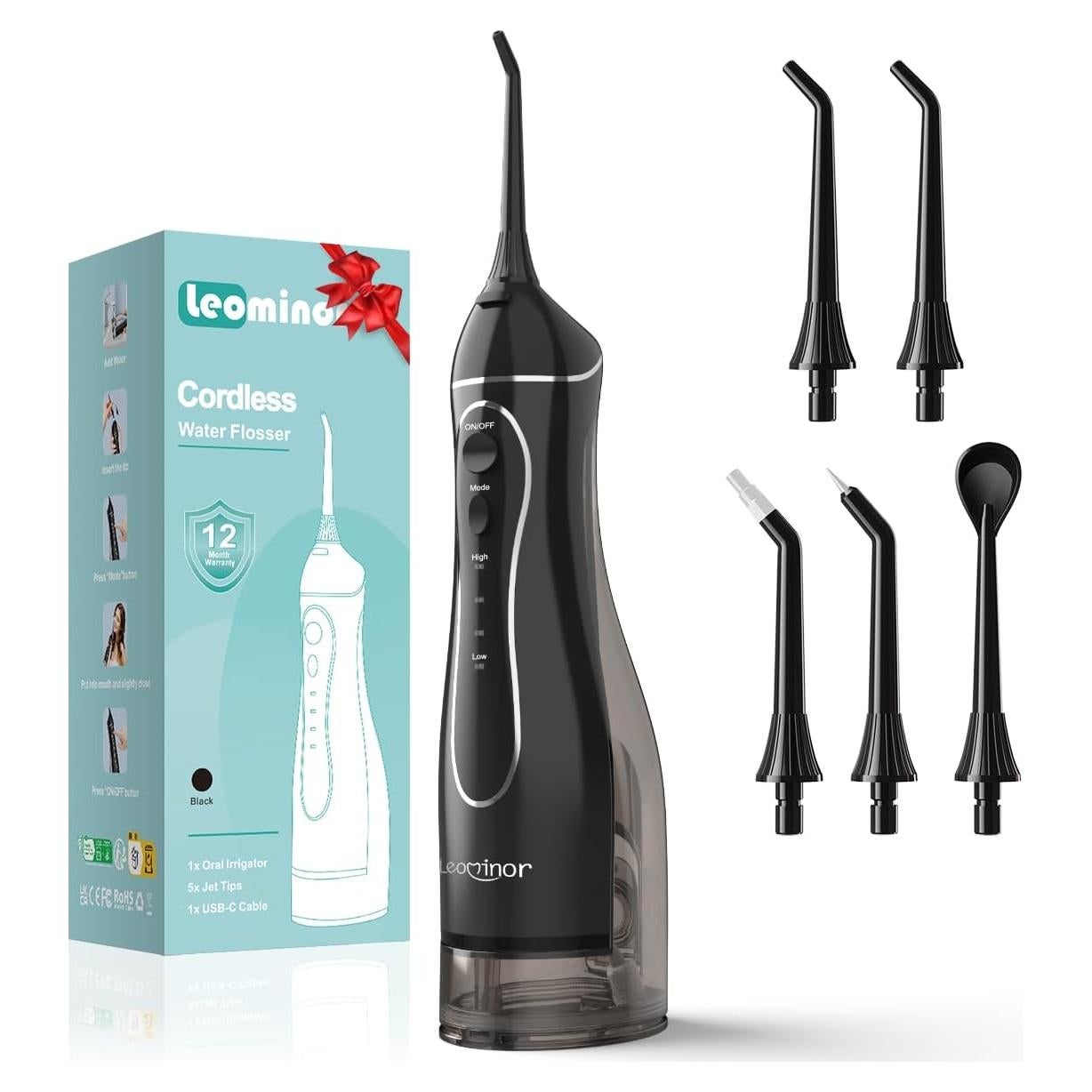 Irrigador Dental Portátil Leominor 300ML IPX7 Recargable Negro