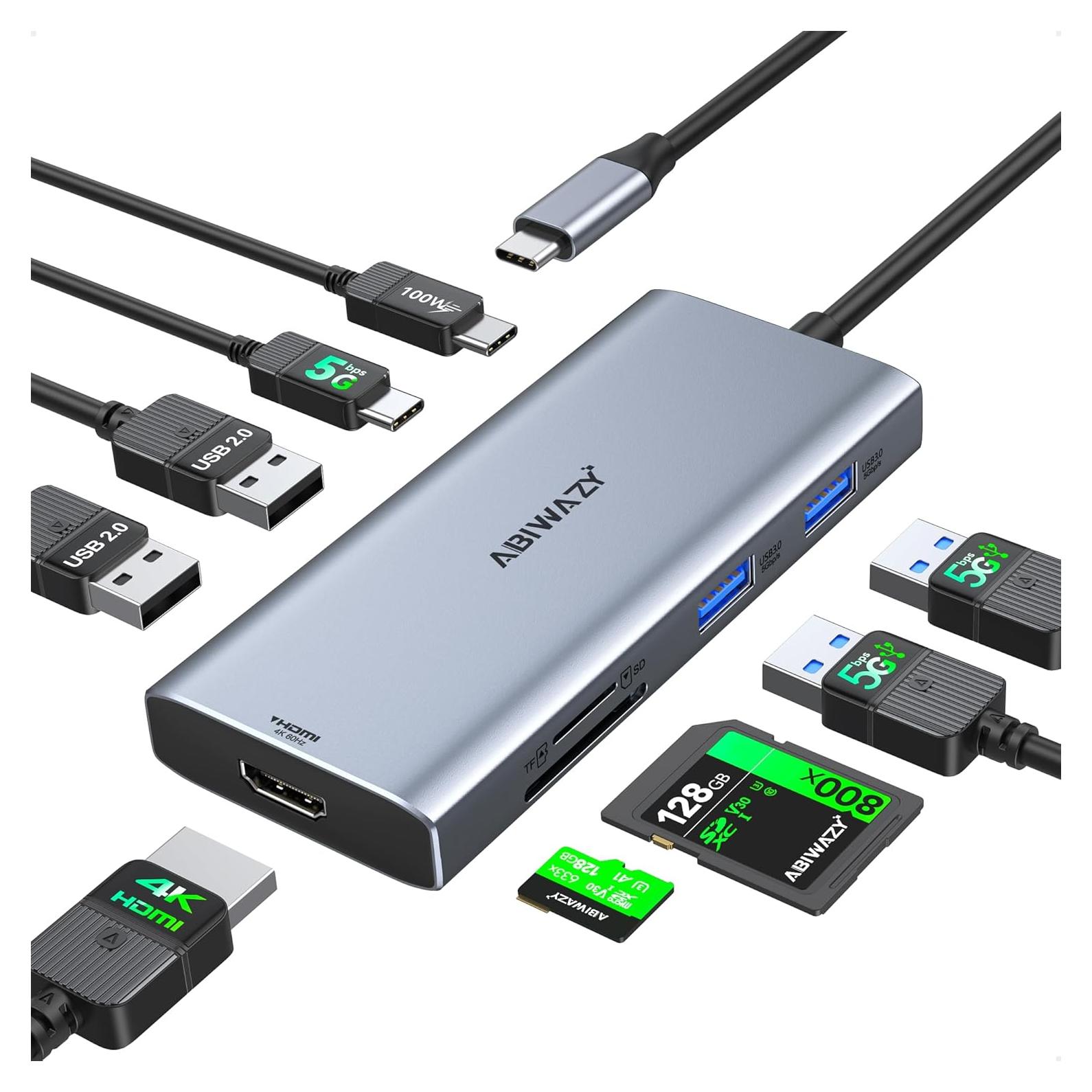 Adaptador Multiport USB C ABIWAZY 9 en 1 HDMI 4K 100W