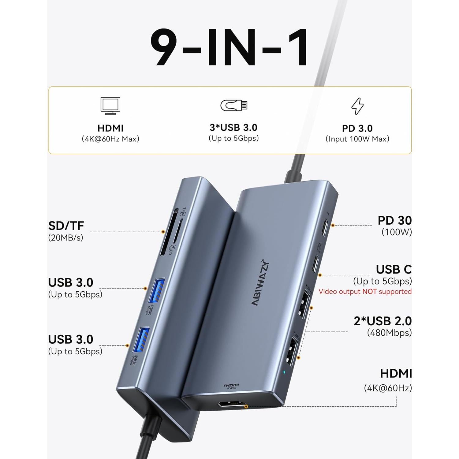 Adaptador Multiport USB C ABIWAZY 9 en 1 HDMI 4K 100W