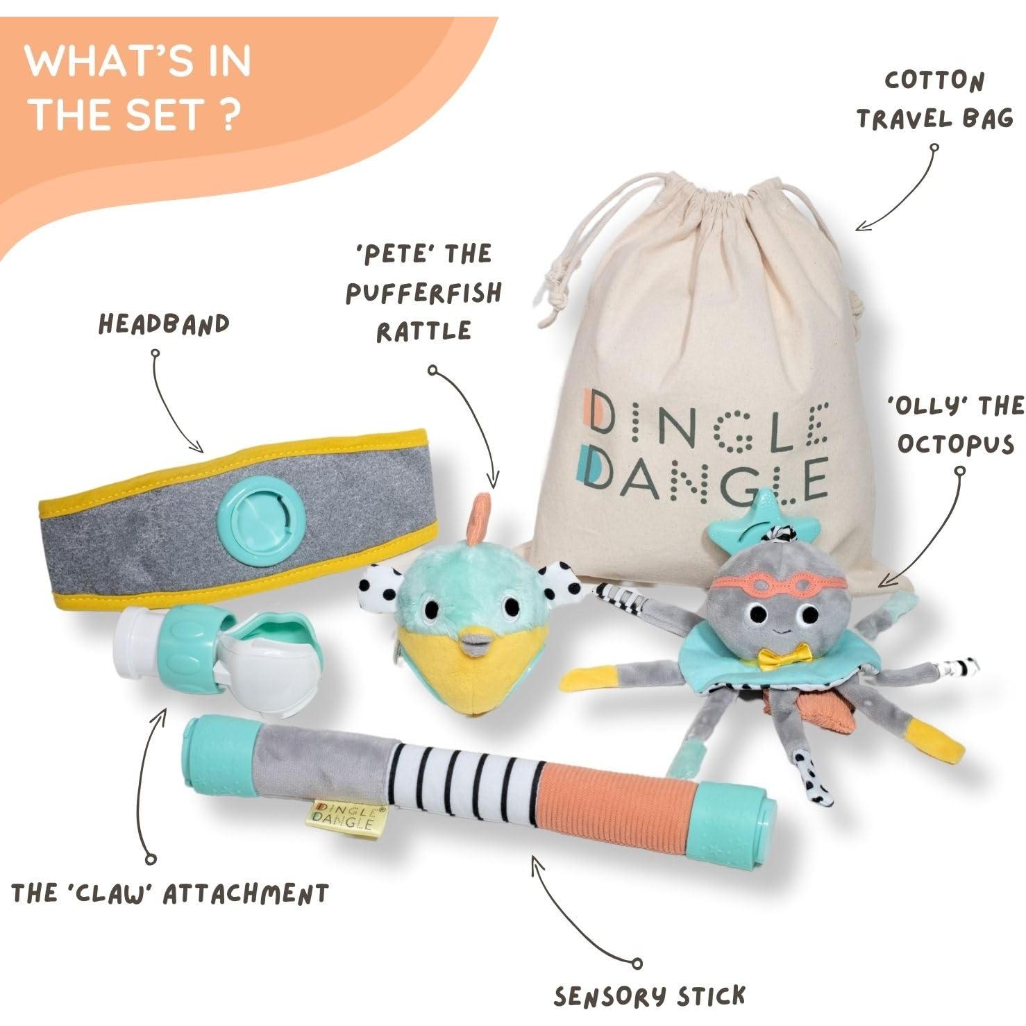 Dingle Dangle Set de Regalo 3 en 1 para Bebé - Ayudante para Cambiar Pañales, Móvil y Sonajero