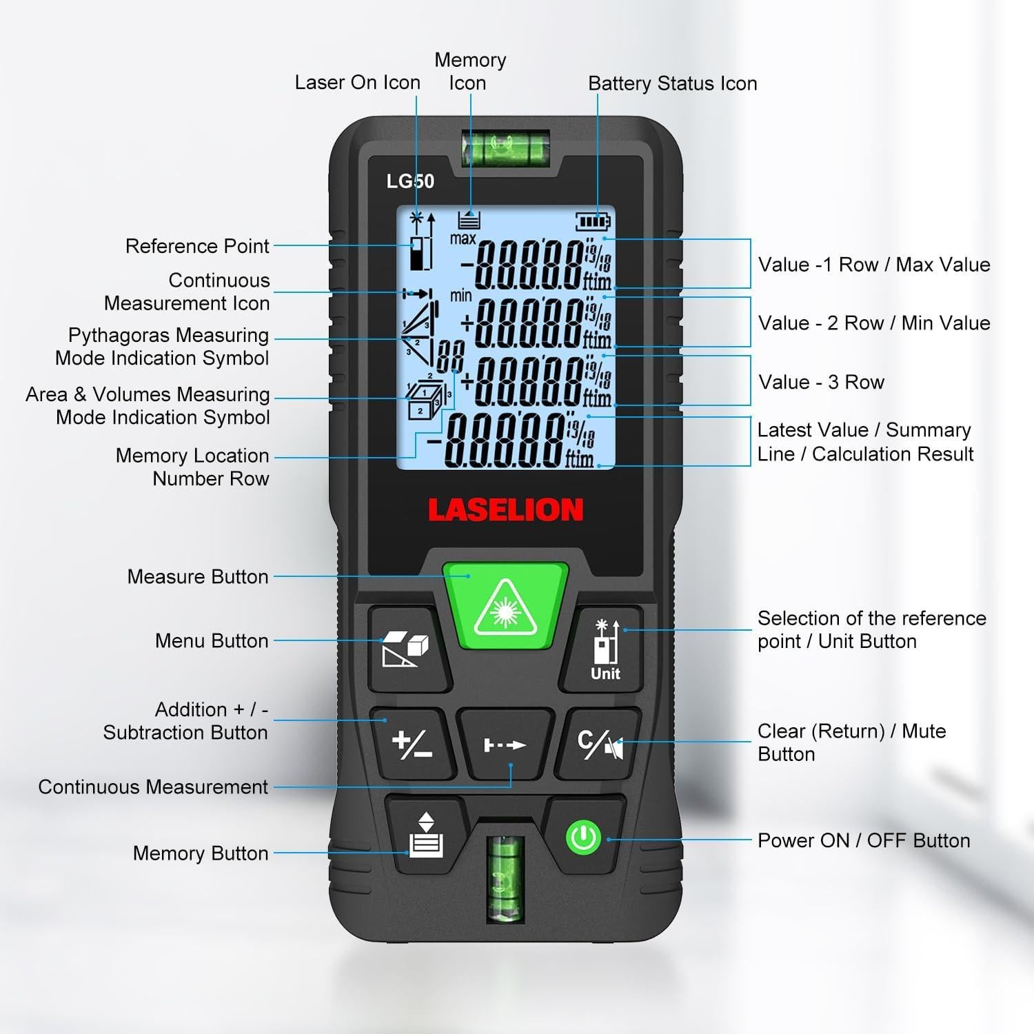 Medidor de Distancia Láser LASELION LG50 50m Pantalla LCD