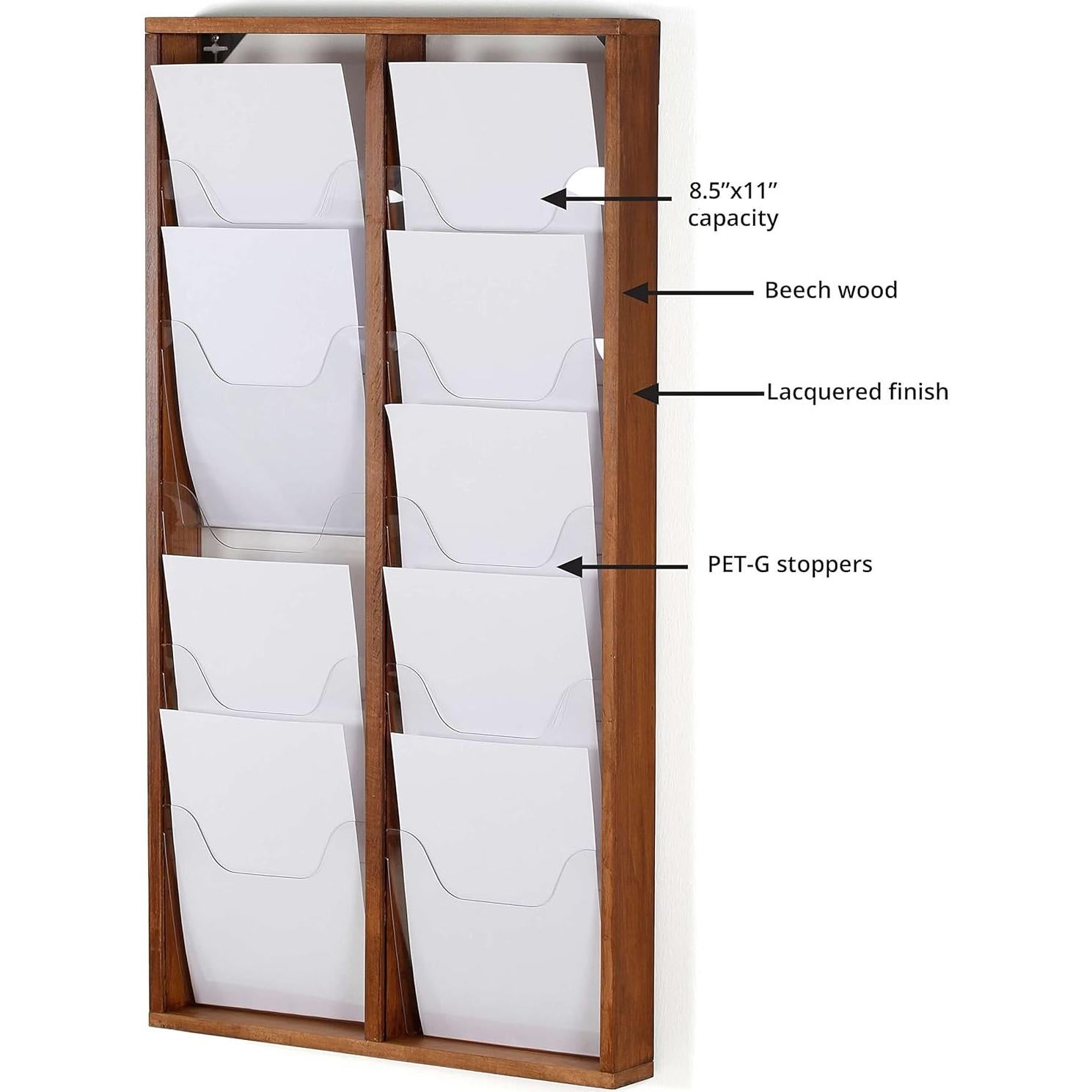 Soporte de Revistas de Pared M&T Displays Madera Oscura 2x5 Bolsillos