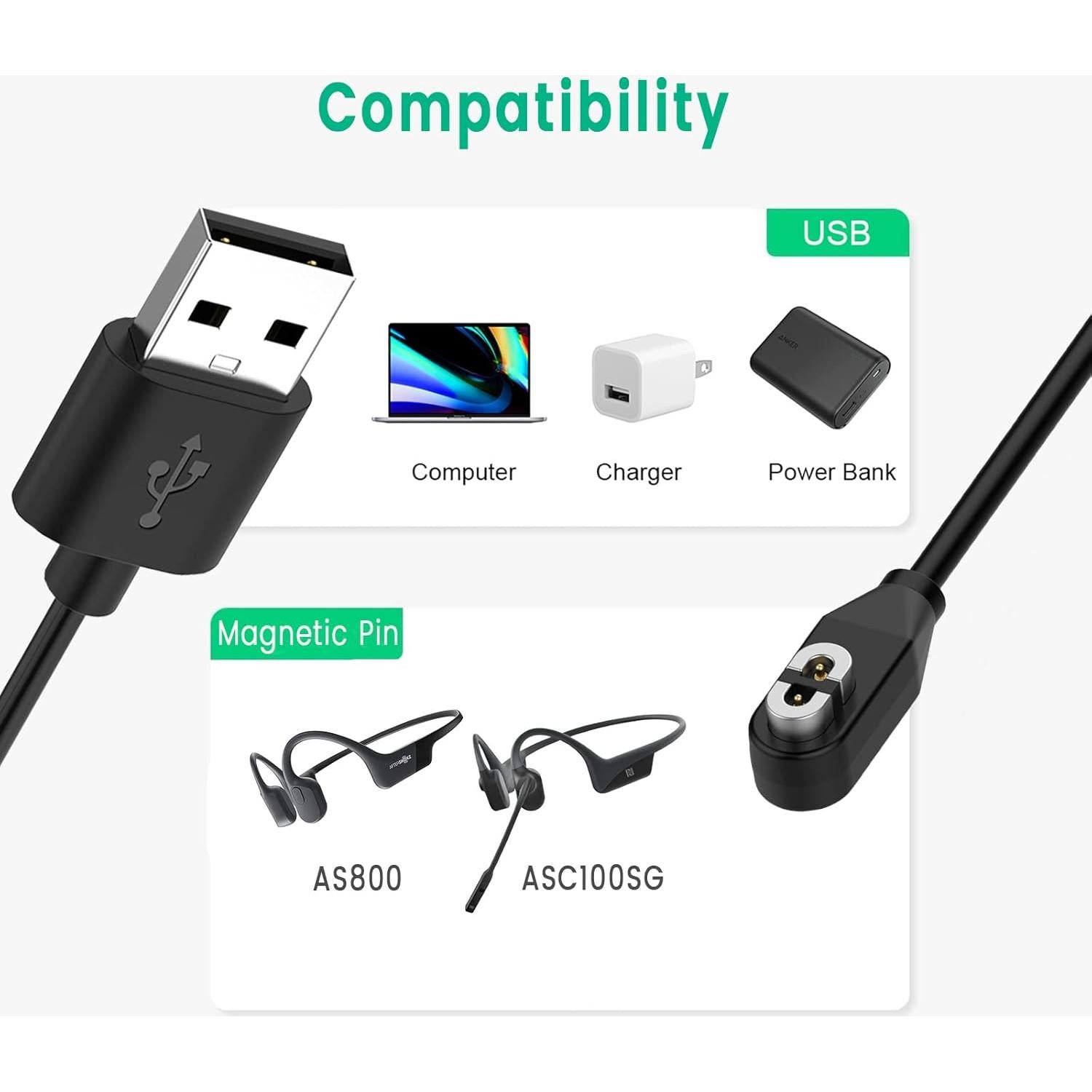 Cable de Carga Magnético USB 1m SMAYS para Shokz y AfterShokz