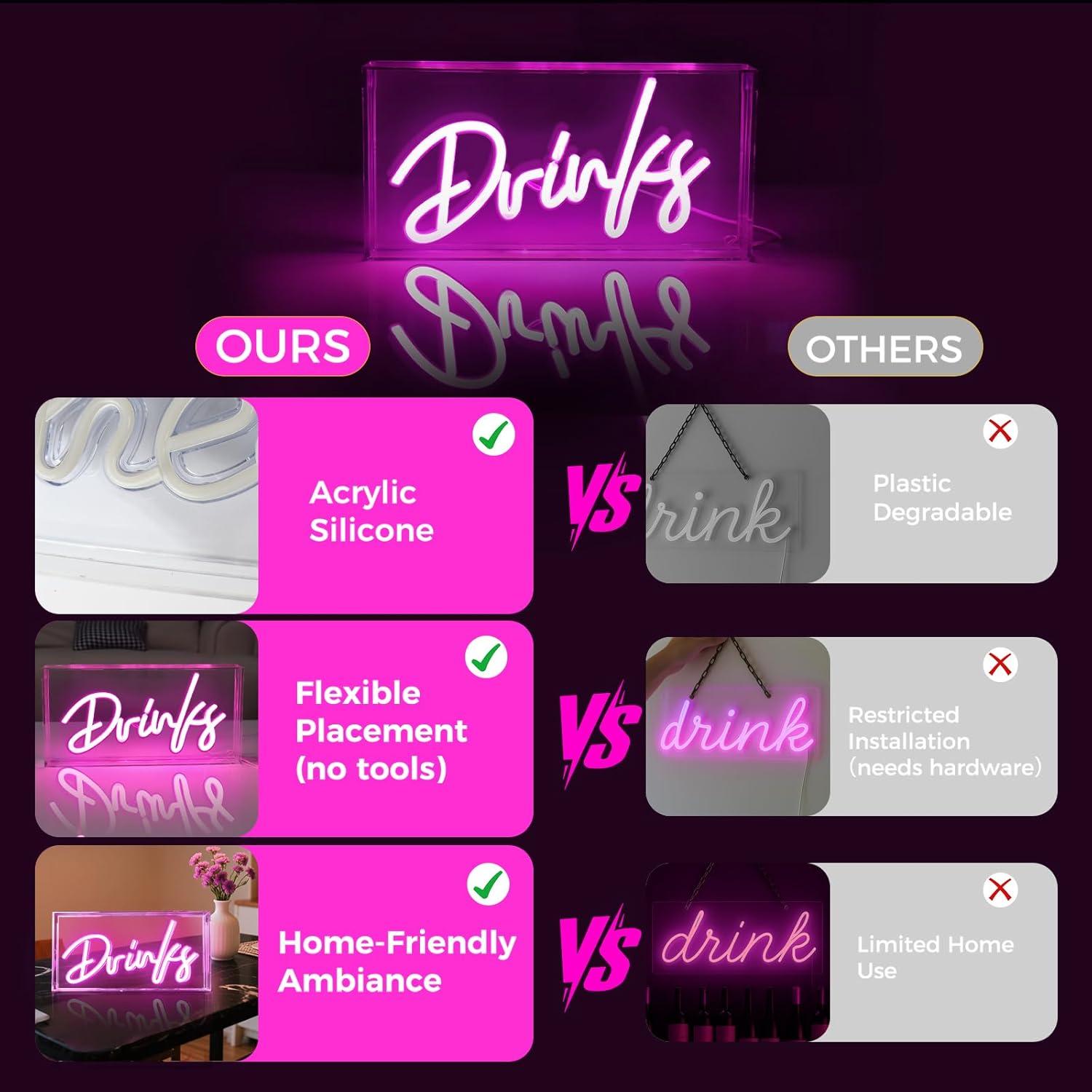 Letrero de Neón LED Rosa Bebidas HOSITARK 30.48x15.24 cm