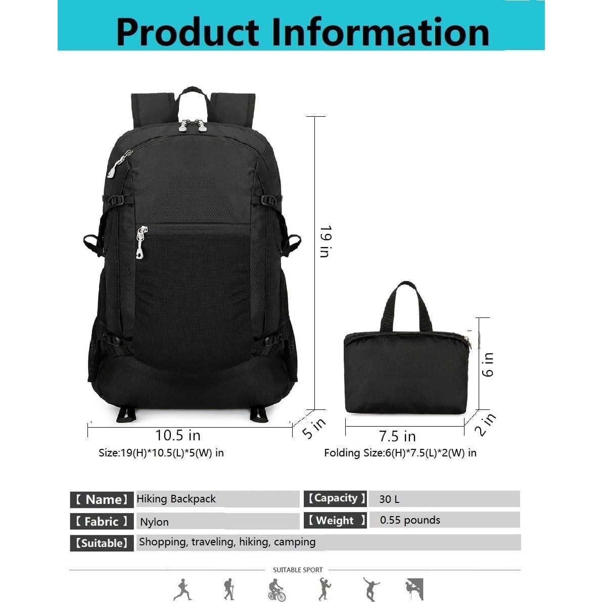 Mochila de Senderismo Plegable 30L Unisex Negra - B300