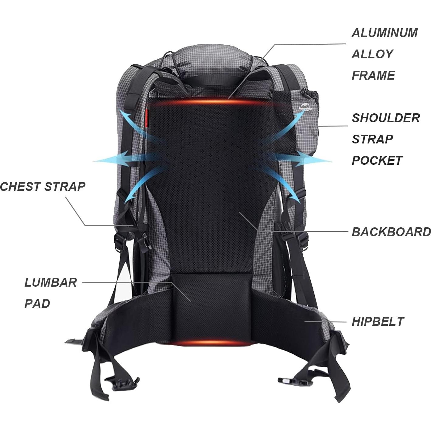 Mochila de Senderismo Naturehike 65L Ligera con Funda de Lluvia