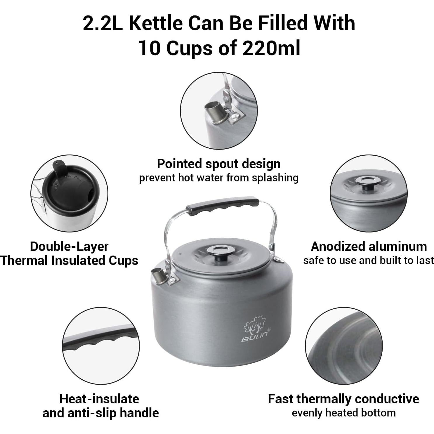 Hervidor de Camping Bulin 2.2L con 2 Tazas de Acero Inoxidable