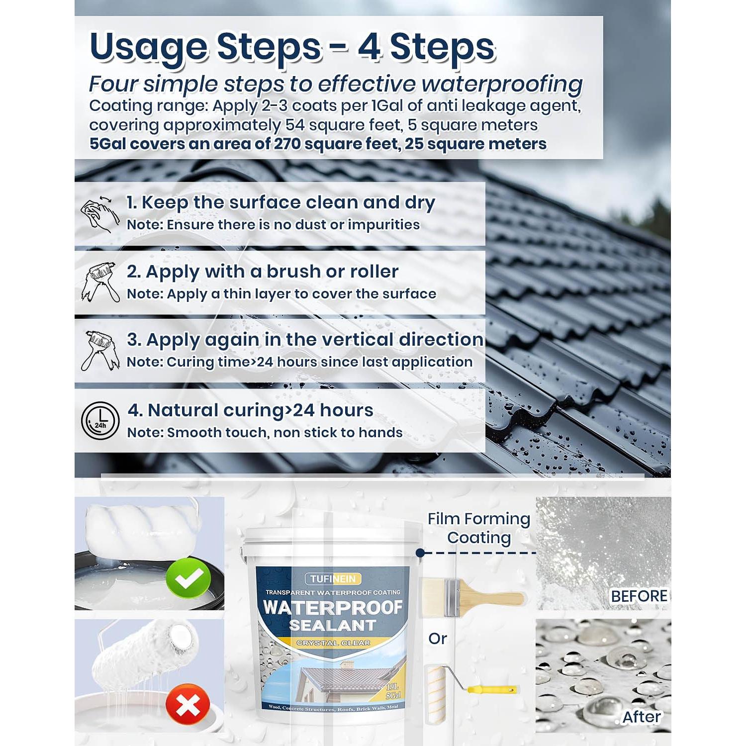 Sellador Impermeable Claro 5 Galones TUFINEIN para Techos y Paredes