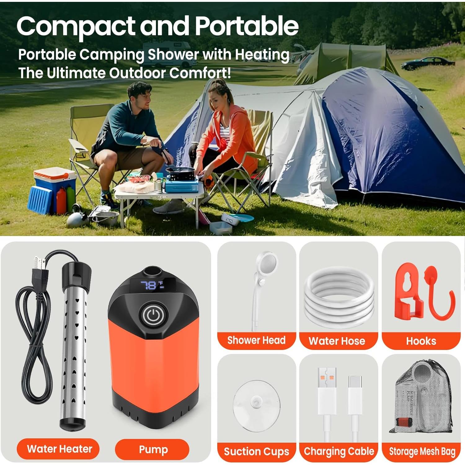 Ducha de Camping Portátil MarvinnanSlyke 2000W 7800mAh LED