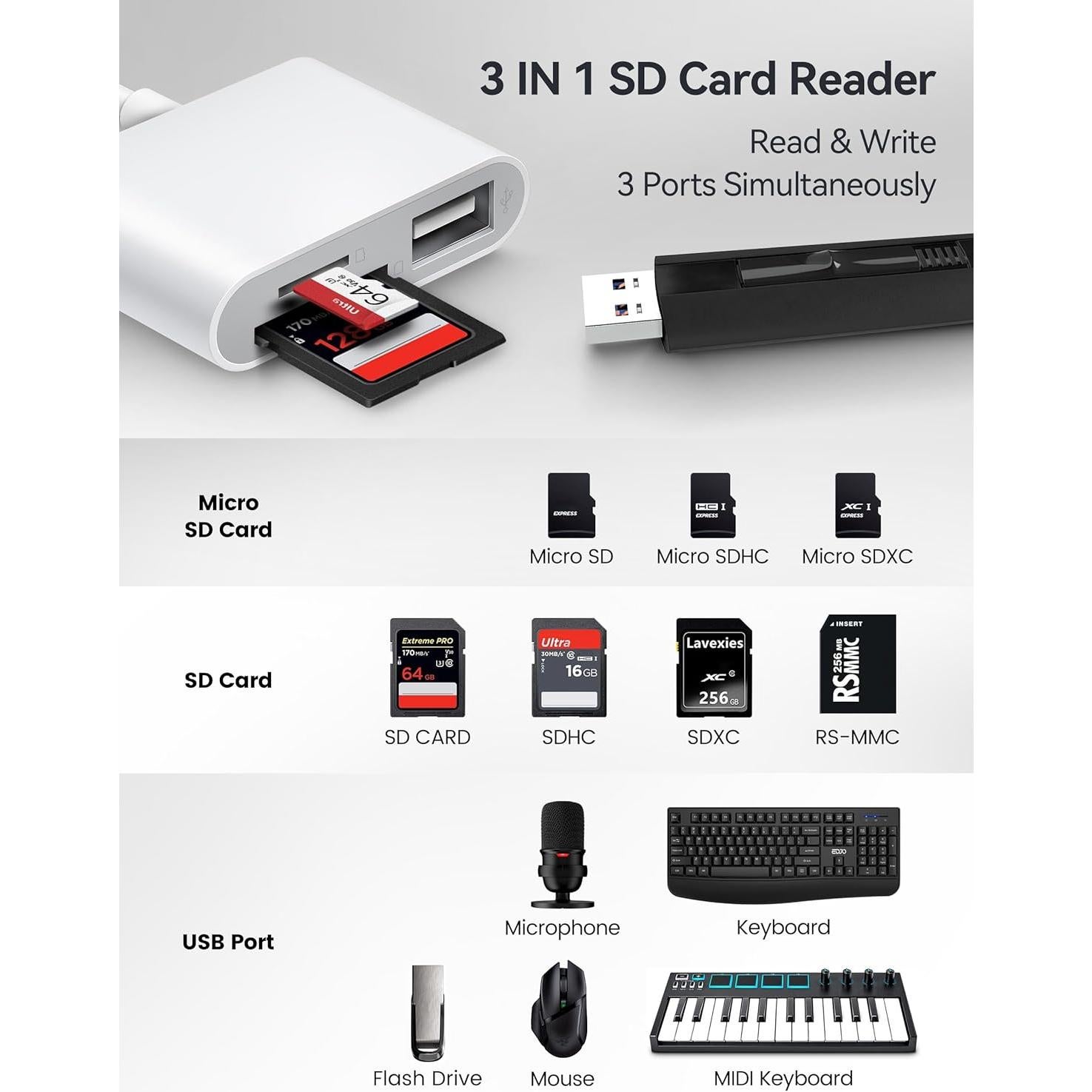 Lector de Tarjetas SD USB-C BnmxTek con 3 Puertos para iPhone y iPad