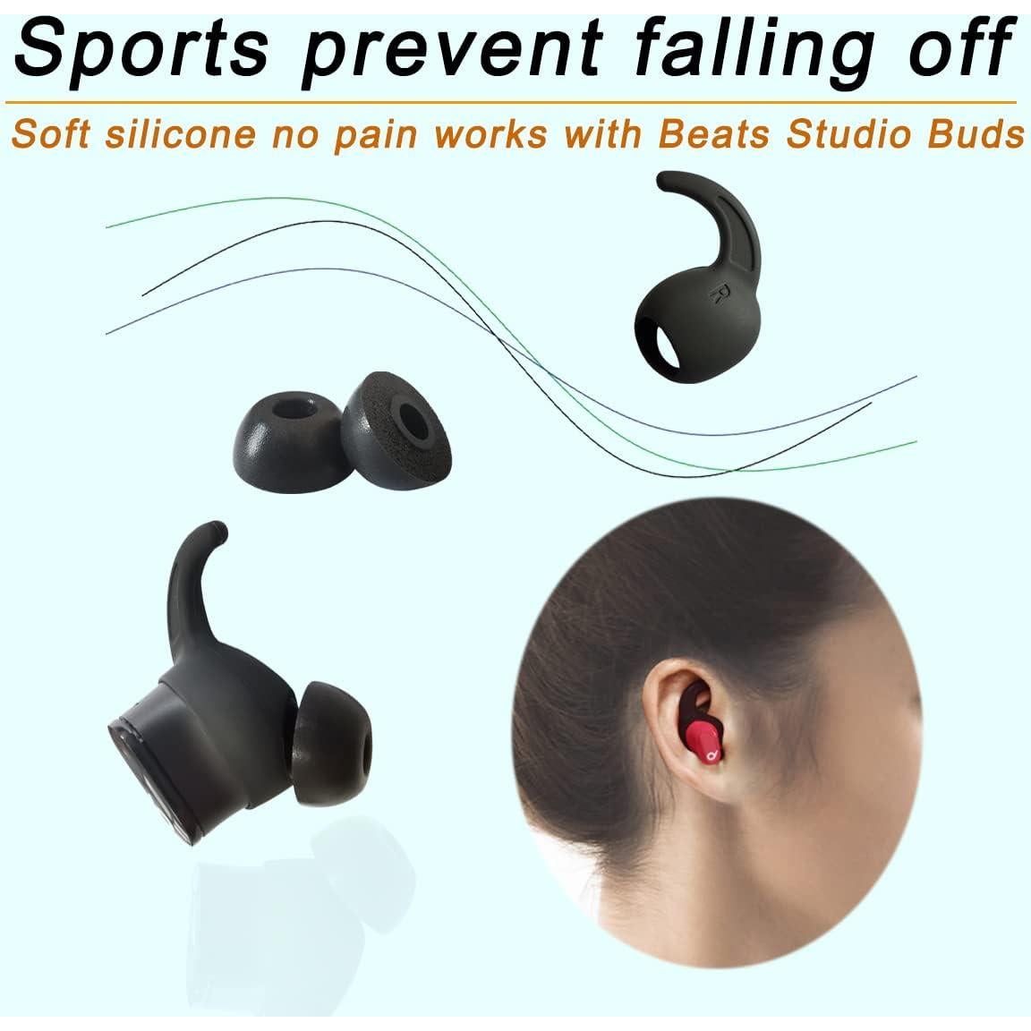 Memory Foam Ear Tips for Beats Studio Buds Earhooks for Beats Earbuds Replacement Grip Cover for Beats Studio Buds+ Ear Tips fit in Charging Case, Black