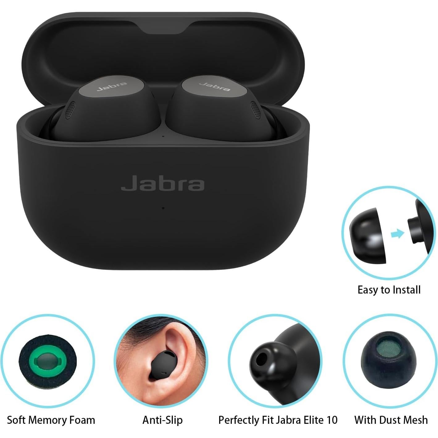 Memory Foam Ear Tips with Dust Mesh Compatible with Jabra Elite 10/10 GEN 2 True Wireless Earbuds, Anti-Slip Replacement Ear Tip, No Silicone Eartip Pain & Nonallergic, 3 Pairs (S/M/L, Black)