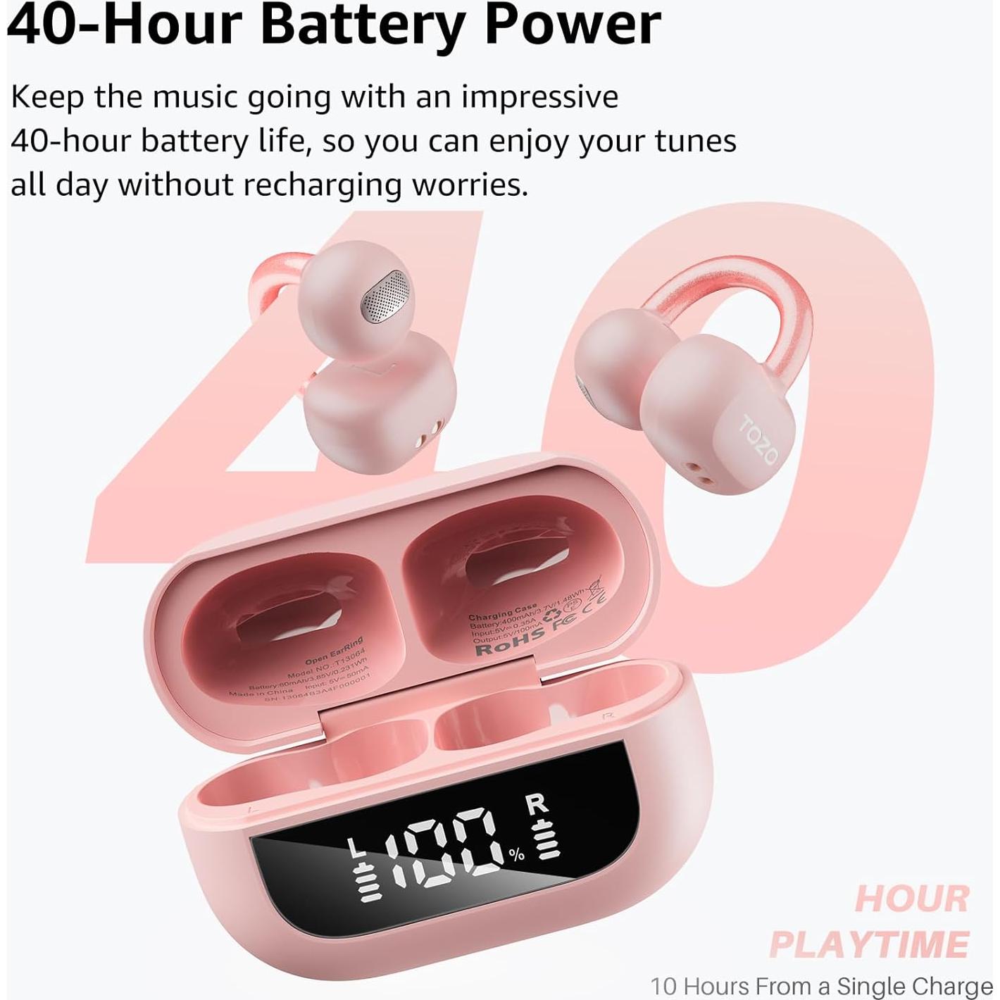 Auriculares Inalámbricos TOZO OpenEarRing Rosa Bluetooth 5.4