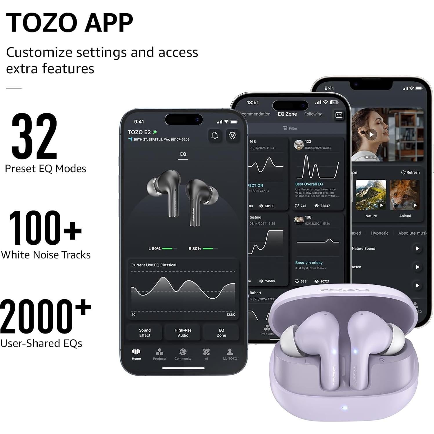 Auriculares Inalámbricos TOZO E2 Bluetooth 5.3 con Cancelación de Ruido