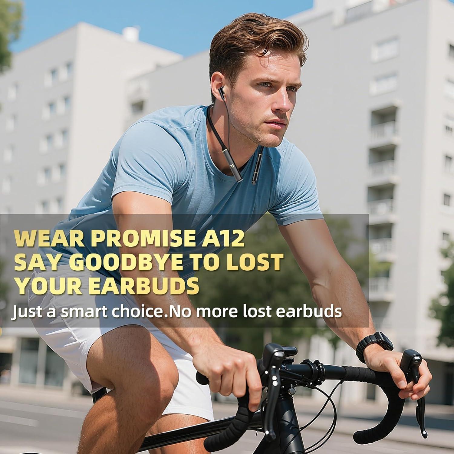 Auriculares Bluetooth Promise A12 con banda para el cuello - 60 horas de batería, carga rápida, cancelación de ruido