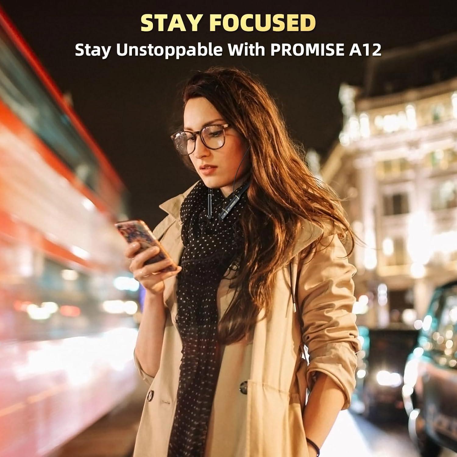 Auriculares Bluetooth Promise A12 con banda para el cuello - 60 horas de batería, carga rápida, cancelación de ruido