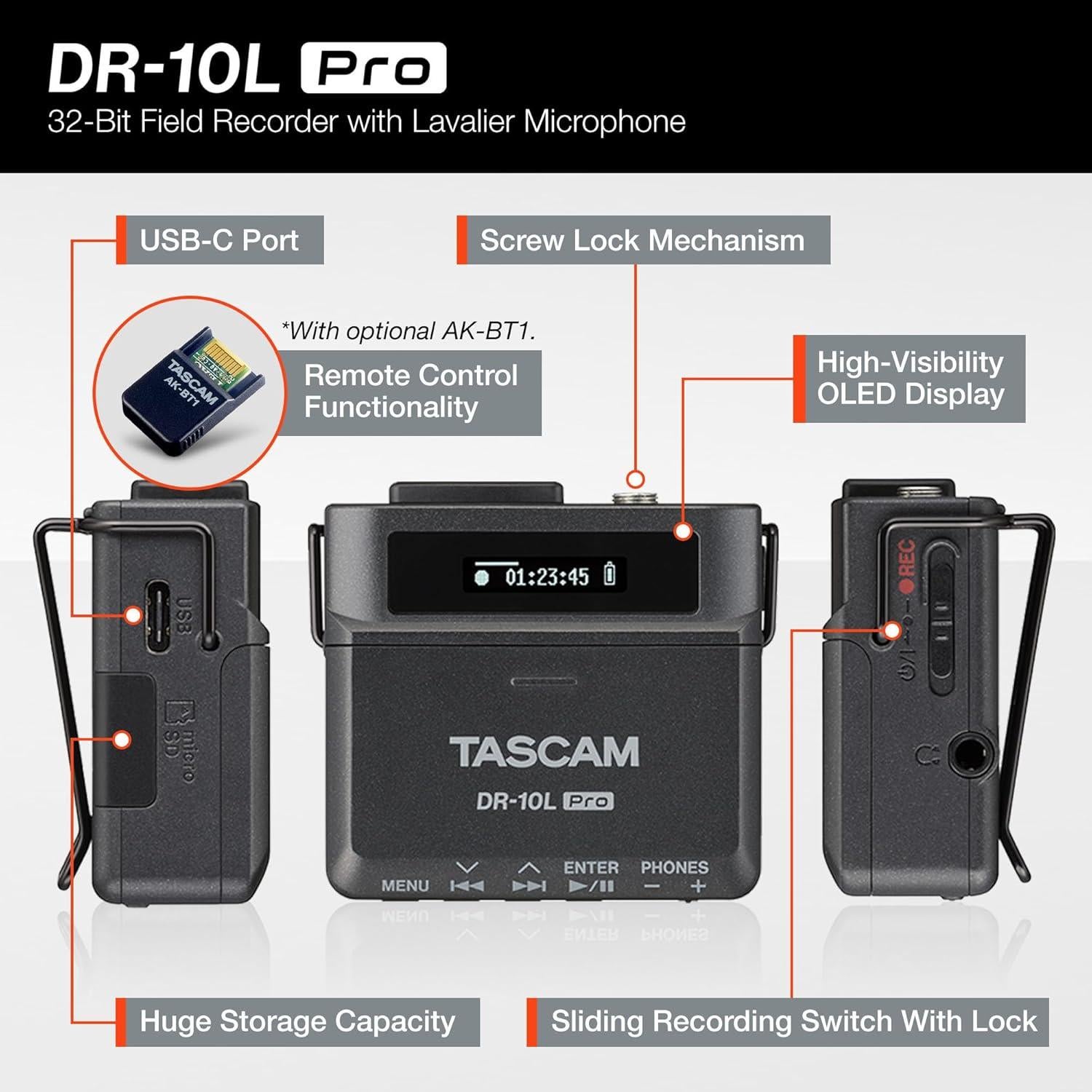 Grabadora de Campo TASCAM DR-10L Pro con Micrófono Lavalier