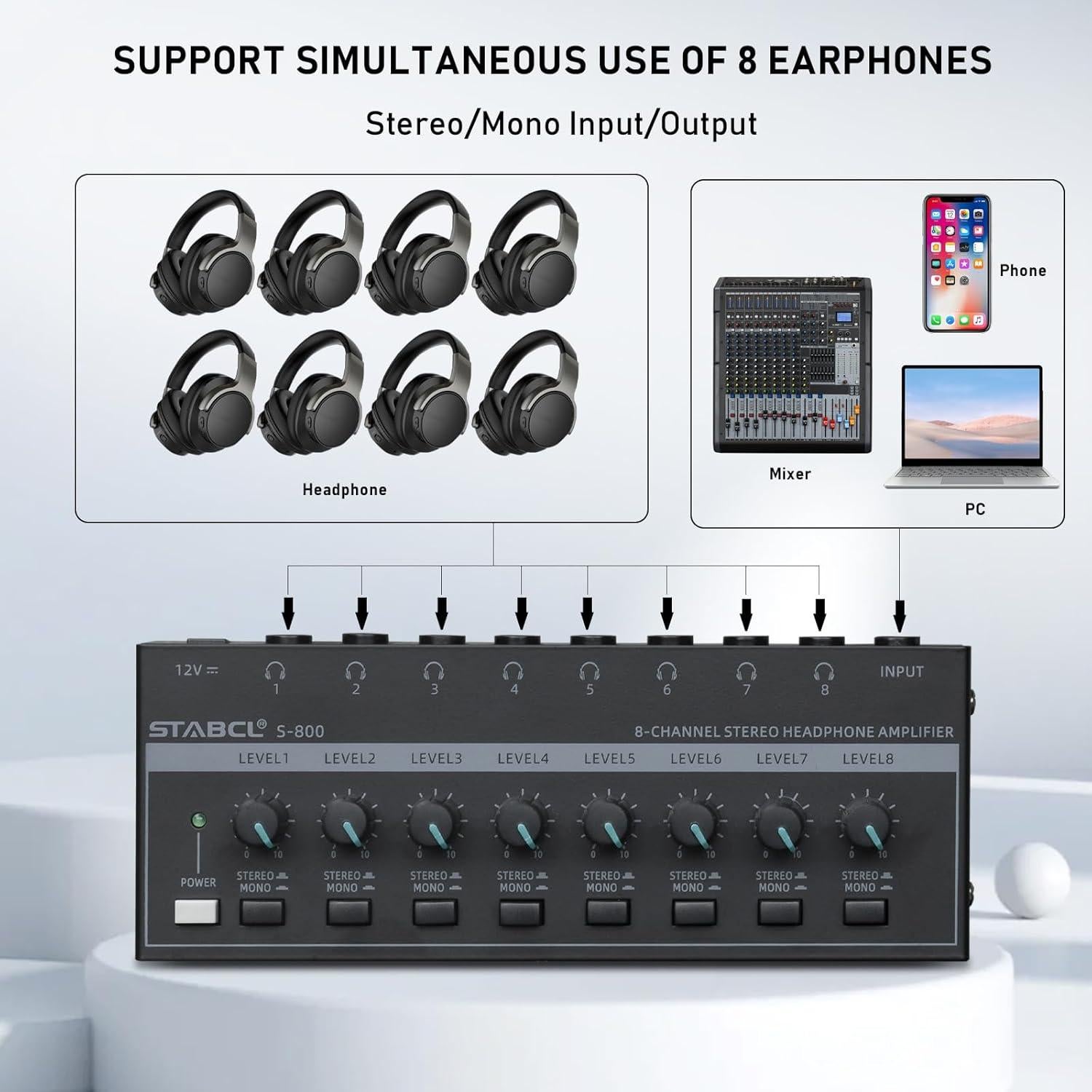 Amplificador de Auriculares STABCL S-800 8 Canales Estéreo