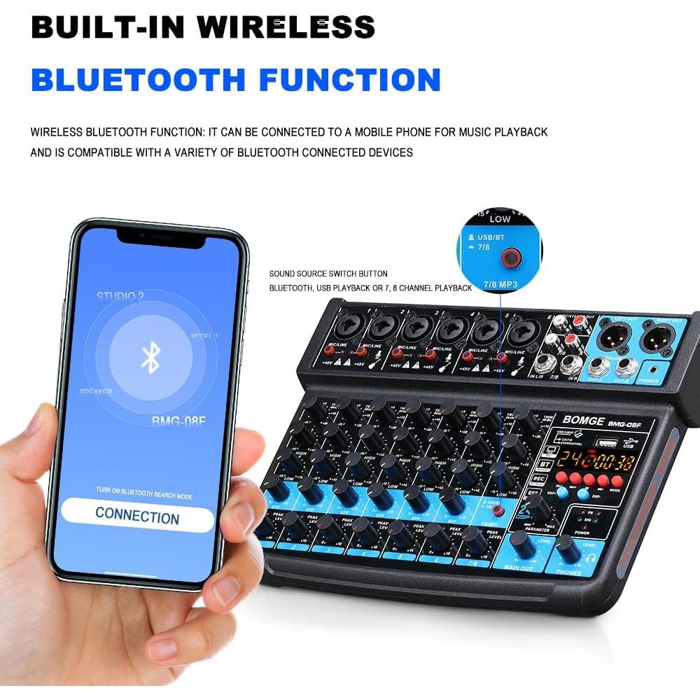 Mezclador de audio BOMGE 8 canales con Bluetooth y USB