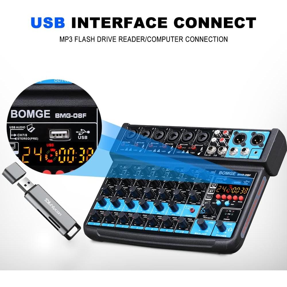 Mezclador de audio BOMGE 8 canales con Bluetooth y USB