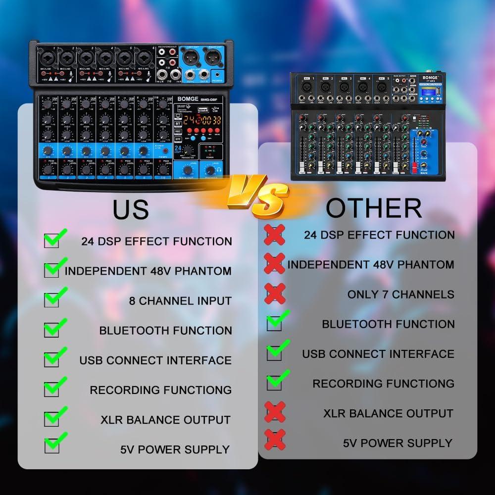 Mezclador de audio BOMGE 8 canales con Bluetooth y USB