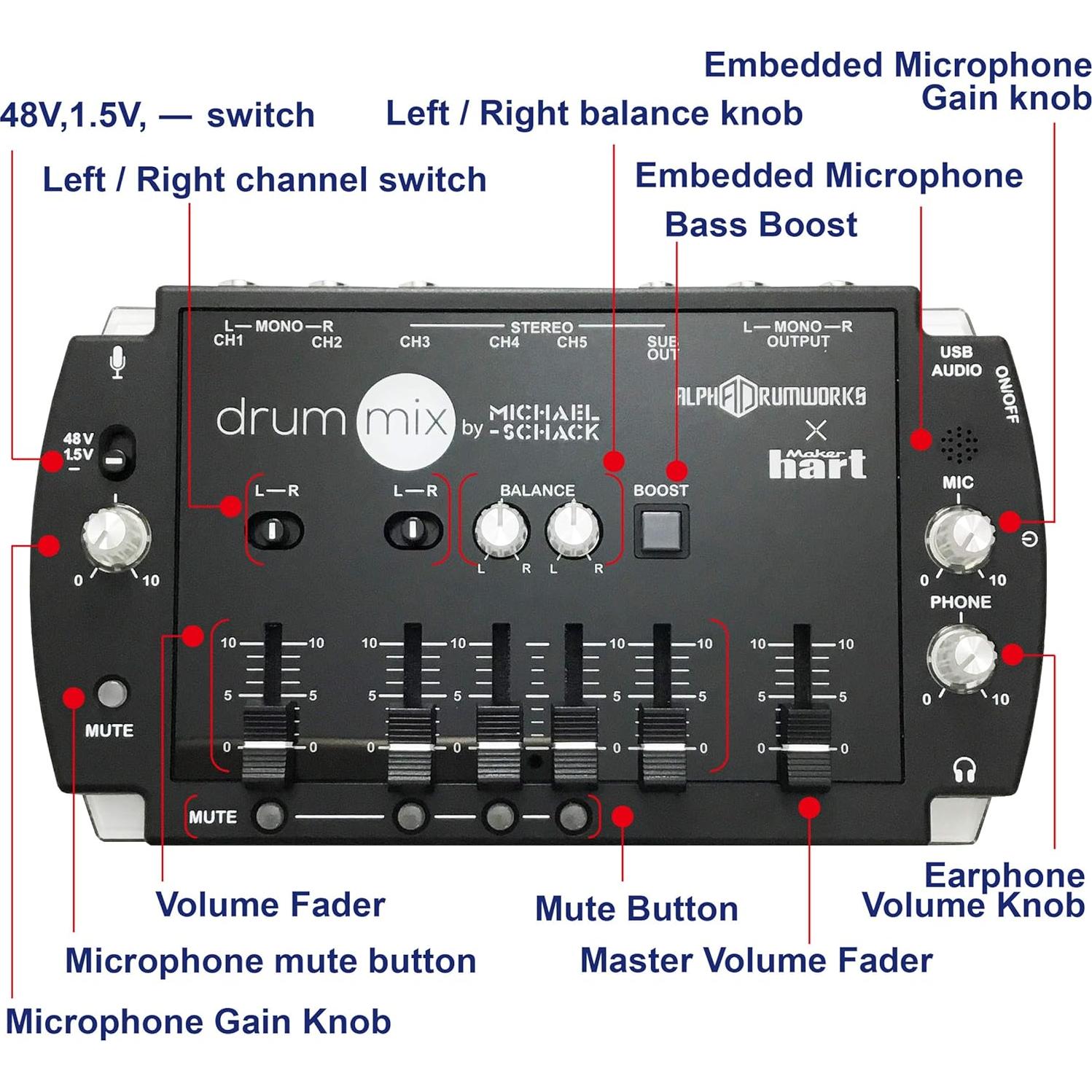 Mezclador de tambor compacto Maker Hart 6 Ch USB 24bit 96kHz