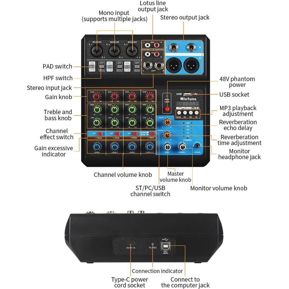 Mezclador de audio DJ M-5 5 canales con Bluetooth y USB