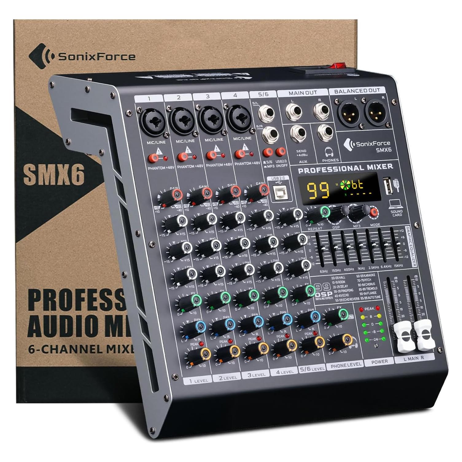 Consola de Mezcla de Audio 6 Canales SMX6 con USB y 48V