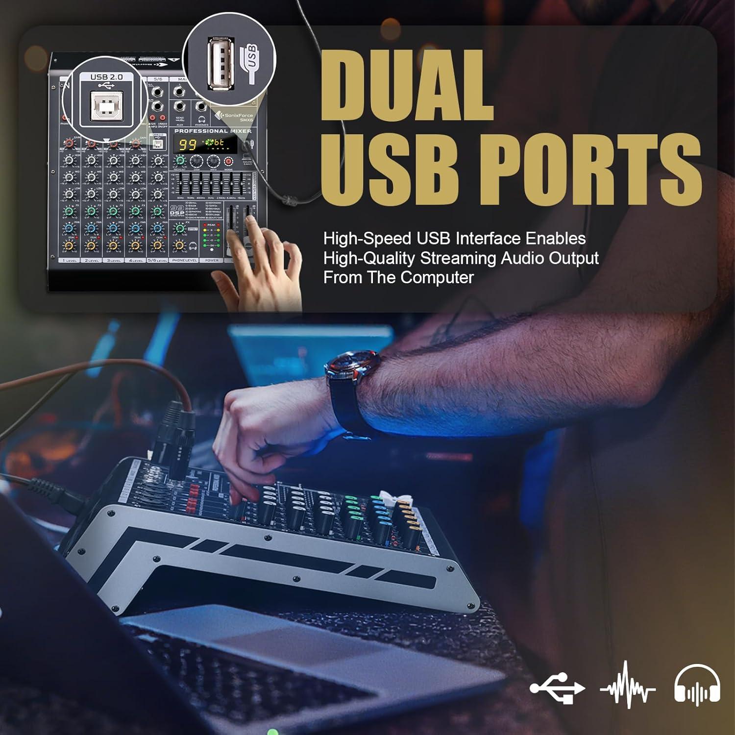 Consola de Mezcla de Audio 6 Canales SMX6 con USB y 48V