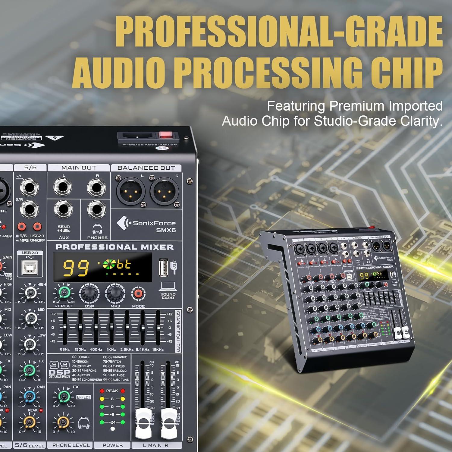 Consola de Mezcla de Audio 6 Canales SMX6 con USB y 48V