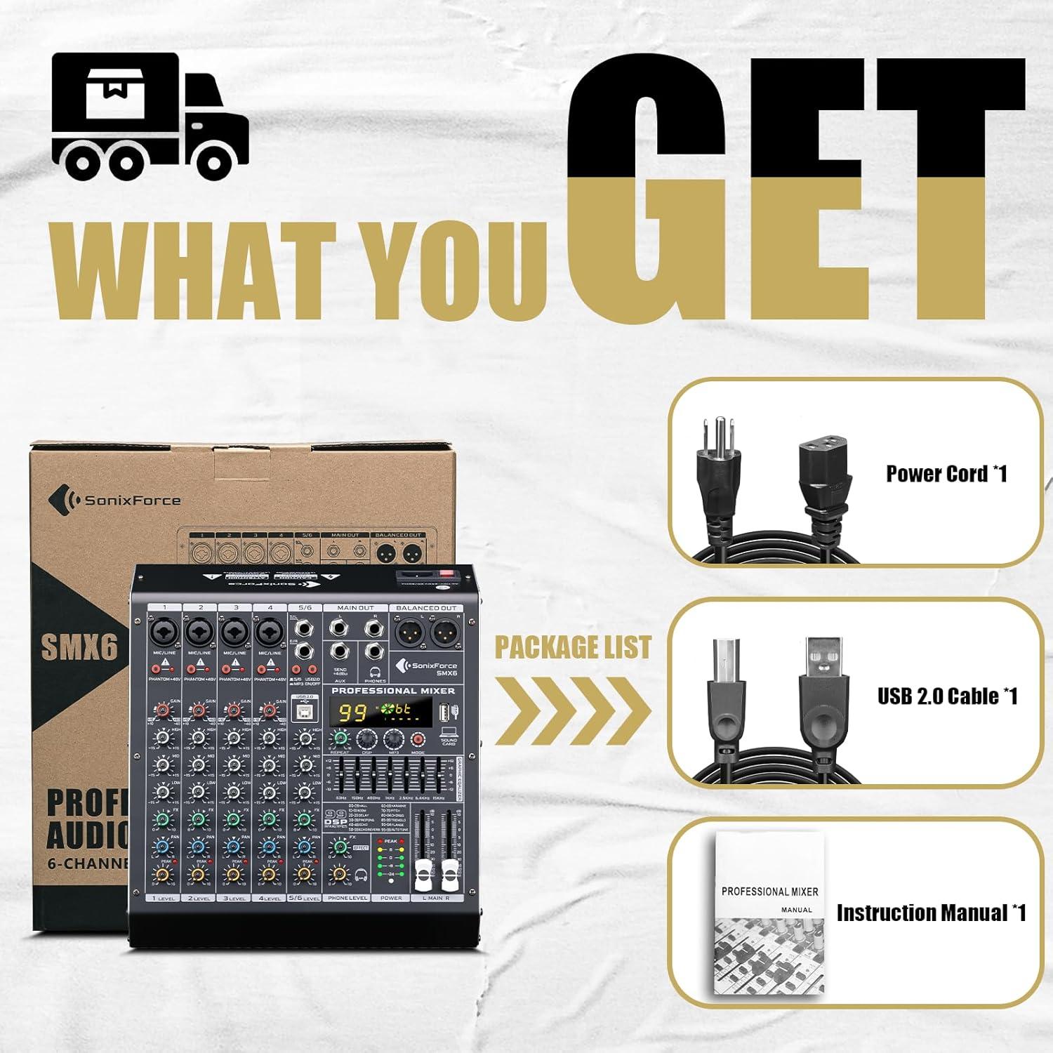 Consola de Mezcla de Audio 6 Canales SMX6 con USB y 48V