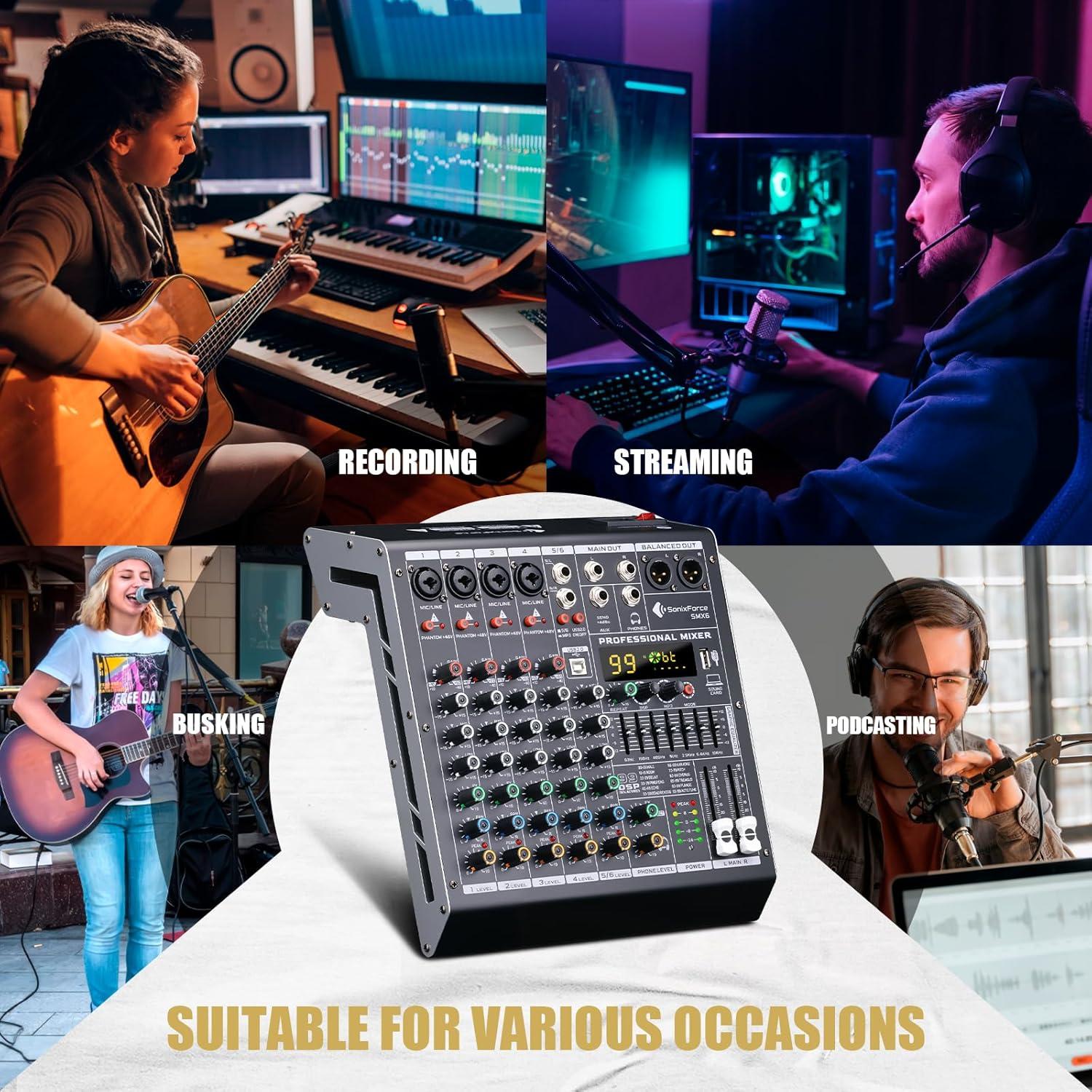 Consola de Mezcla de Audio 6 Canales SMX6 con USB y 48V