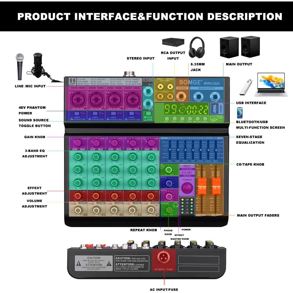 Mezclador de Audio BOMGE 06A Profesional 6 Canales Bluetooth